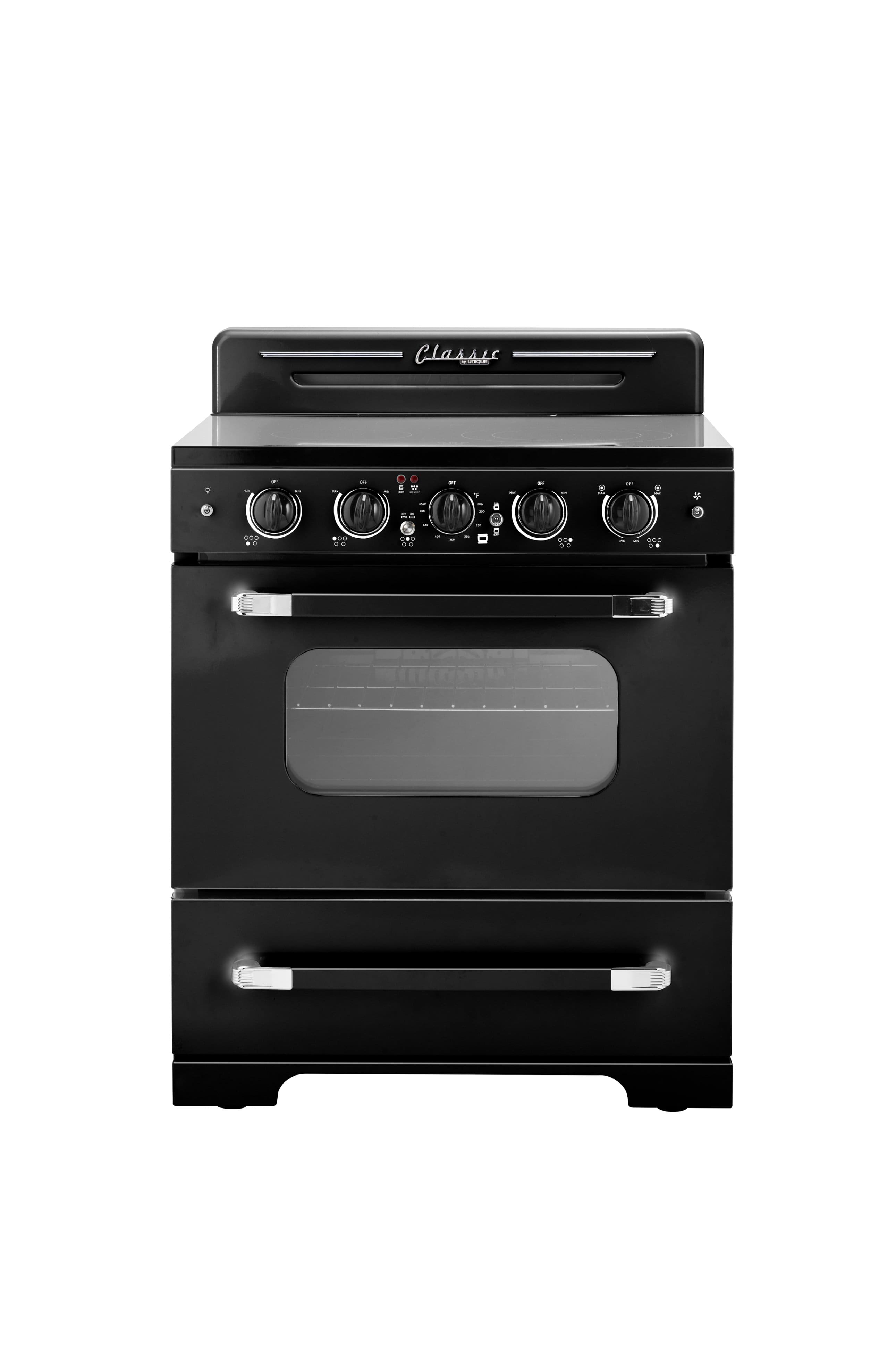 Unique Appliances - Classic Retro 3.9 Cu. Ft. Freestanding Electic Convection Range with Glass Top and Storage Drawer - Midnight Black - Front_Zoom