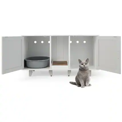 Front. Pefilos - 2-Door Cat Litter Box Enclosure with Winding Entry and Scratching Board-Gray, Cat Litter Box Enclosure , Hidden Cat - Gray.