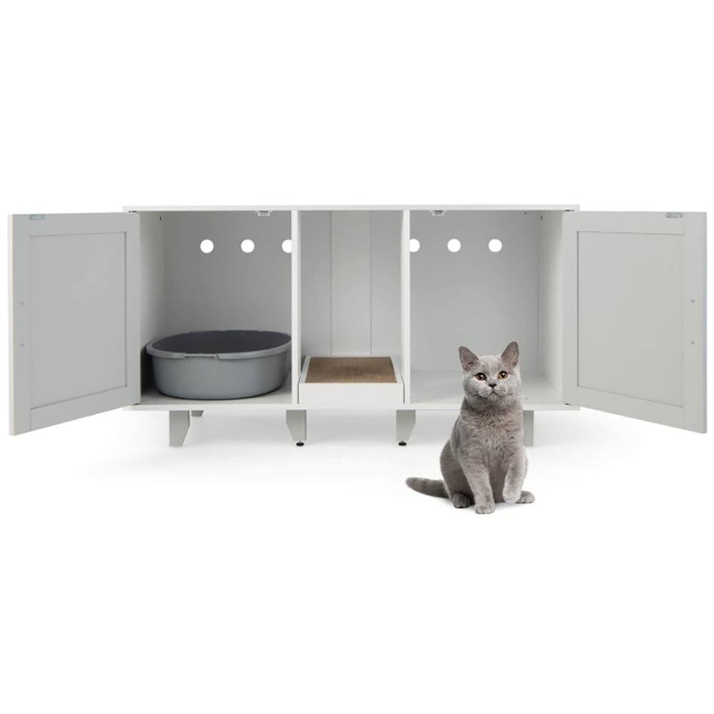 Front. Pefilos - 2-Door Cat Litter Box Enclosure with Winding Entry and Scratching Board-Gray, Cat Litter Box Enclosure , Hidden Cat - Gray.