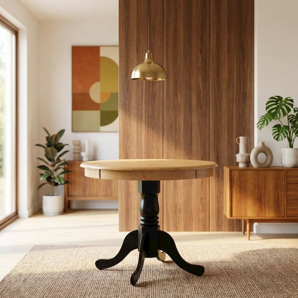 Alt View 3. FurniFact - Oak Black Round Pedestal Dining Table - Oak & Black.