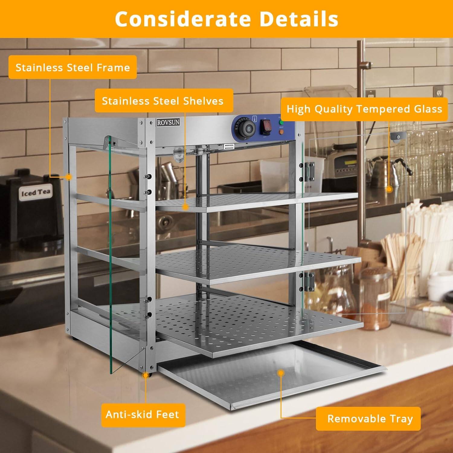Considerate Details

- Stainless Steel Frame
- Stainless Steel Shelves
- High Quality Tempered Glass
- Anti-skid Feet
- Removable Tray