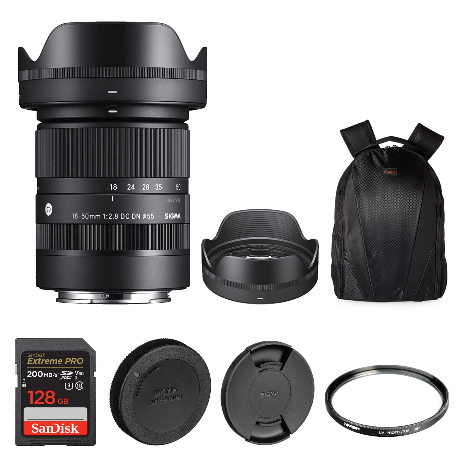 Sigma - 18-50mm F2.8 DC DN Contemporary Lens for Sony E +Tiffen UV +128GB (Bundle) - Black