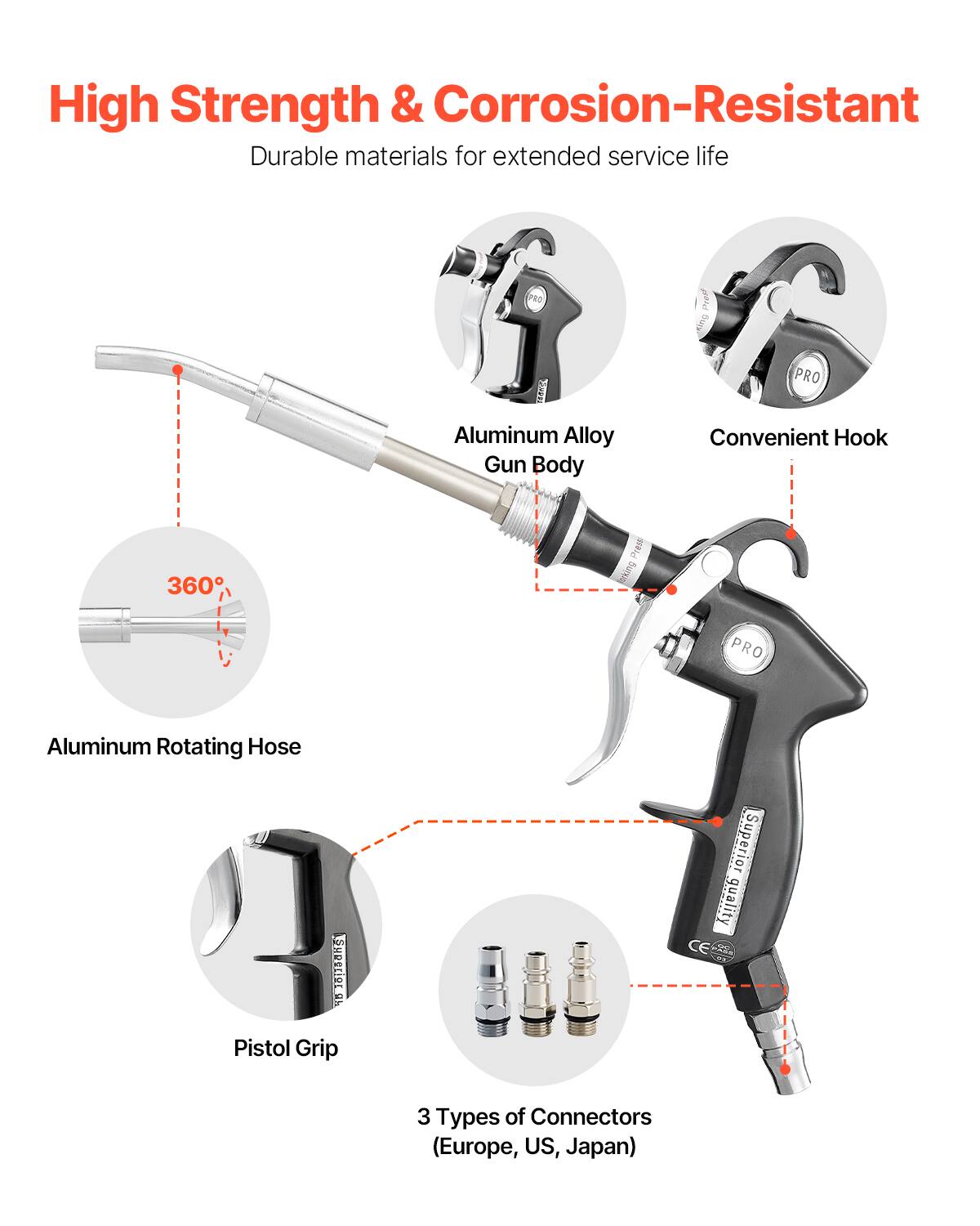 High Strength & Corrosion-Resistant Durable materials for extended service life. 

- Aluminum Alloy Gun Body
- Convenient Hook
- 360° Rotating Hose
- Pistol Grip
- Superior quality CE
- 3 Types of Connectors (Europe, US, Japan)