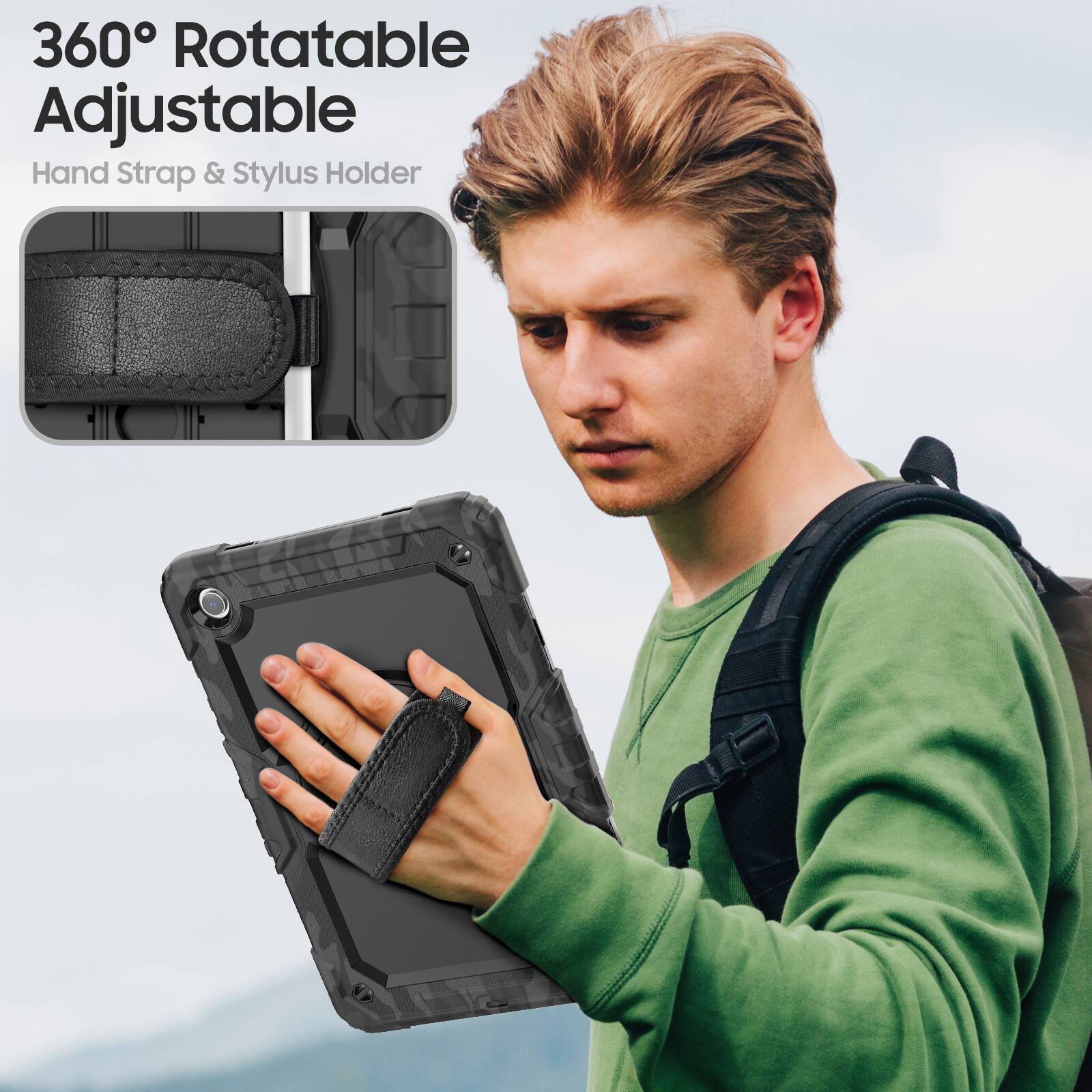 360° Rotatable Adjustable  
Hand Strap & Stylus Holder