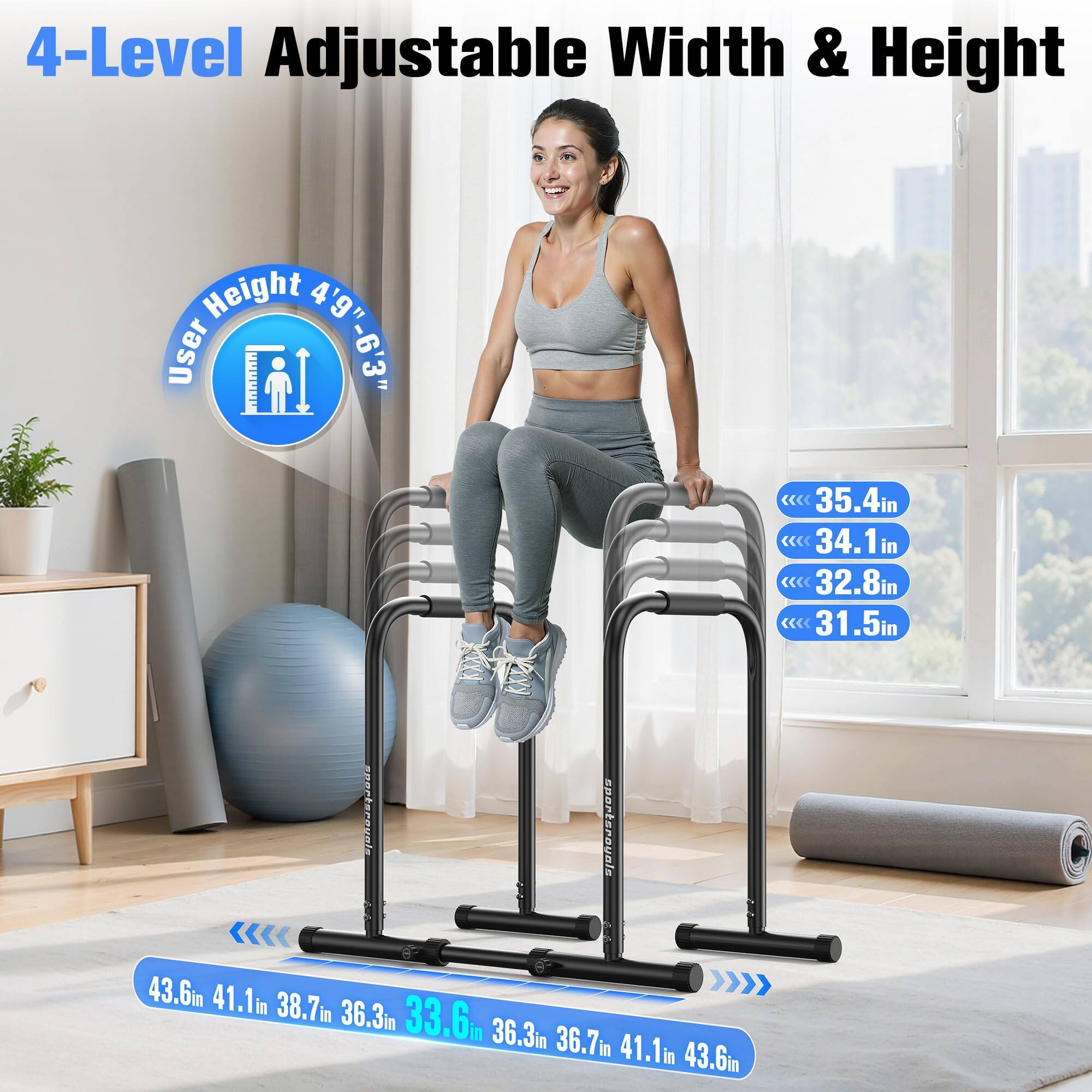 4-Level Adjustable Width & Height  
User Height 4'9" - 6'3"  
Width: 35.4in, 34.1in, 32.8in, 31.5in  
Height: 43.6in, 41.1in, 38.7in, 36.3in, 33.6in, 36.3in, 36.7in, 41.1in, 43.6in