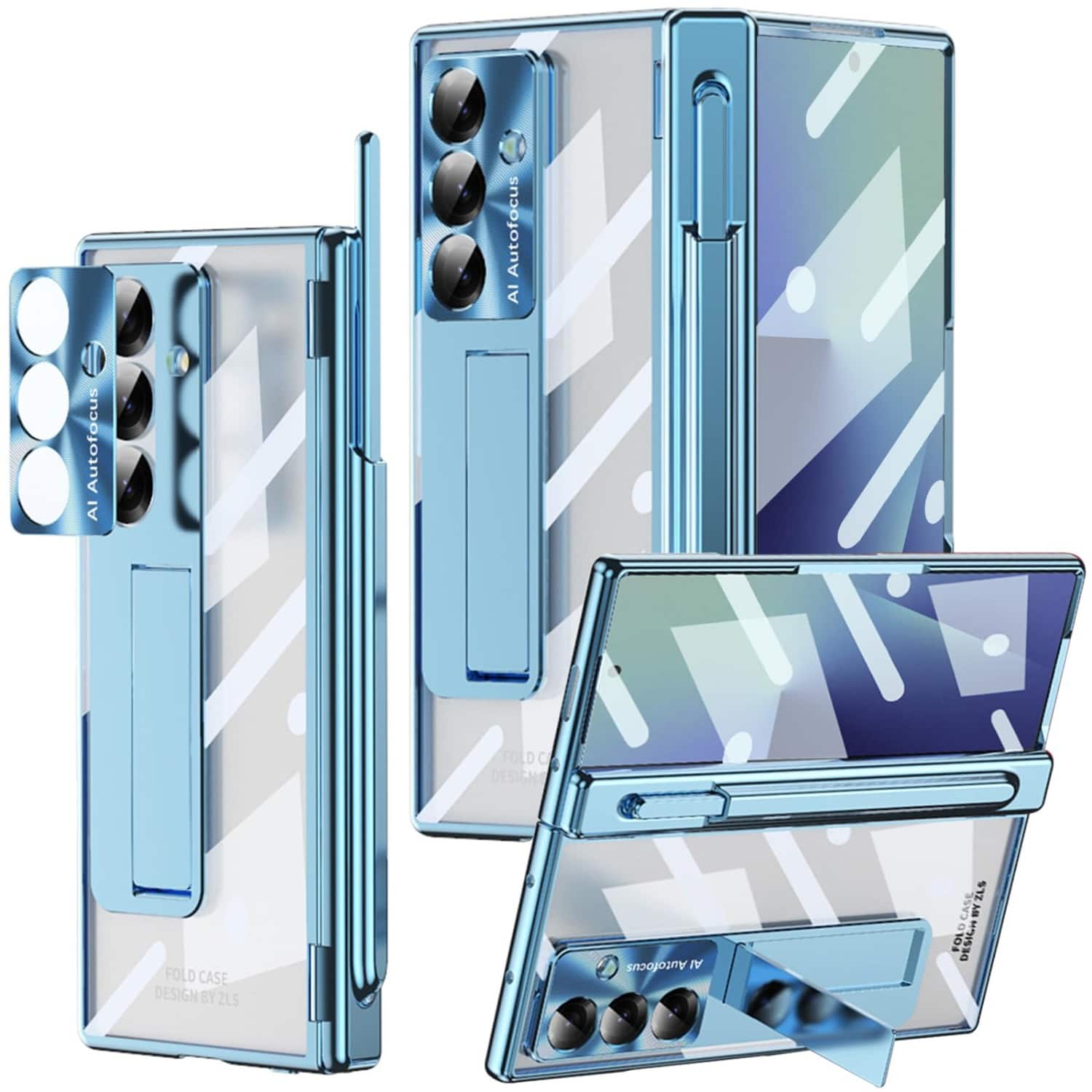 Dteck - For Samsung Galaxy Z Fold 7 Built-in Screen Protector Luxury Plating Kickstand Rugged Case+2 Hinge+Stylus - Blue price history on PriceWatchPro