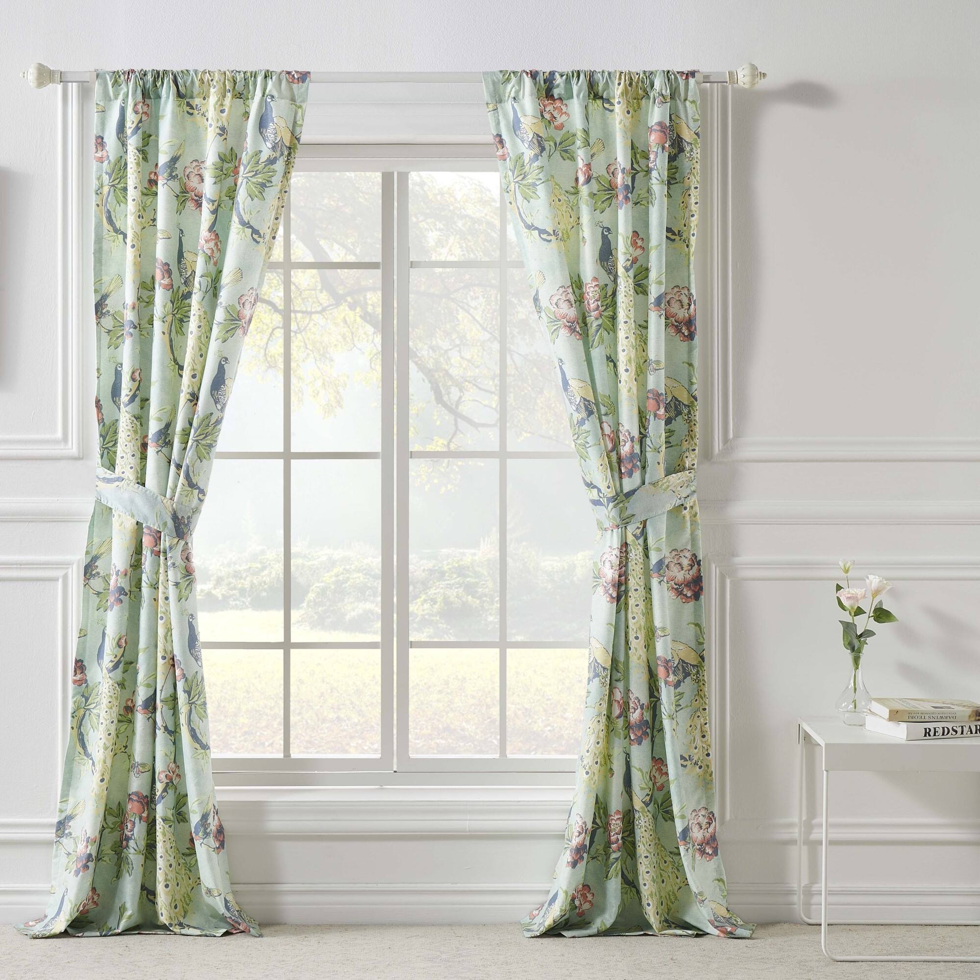 Angle. Greenland Home Fashions - Pavona Enchanted Garden Curtain Panels with Tiebacks 84" by Greenland Home Fashions - Jade.