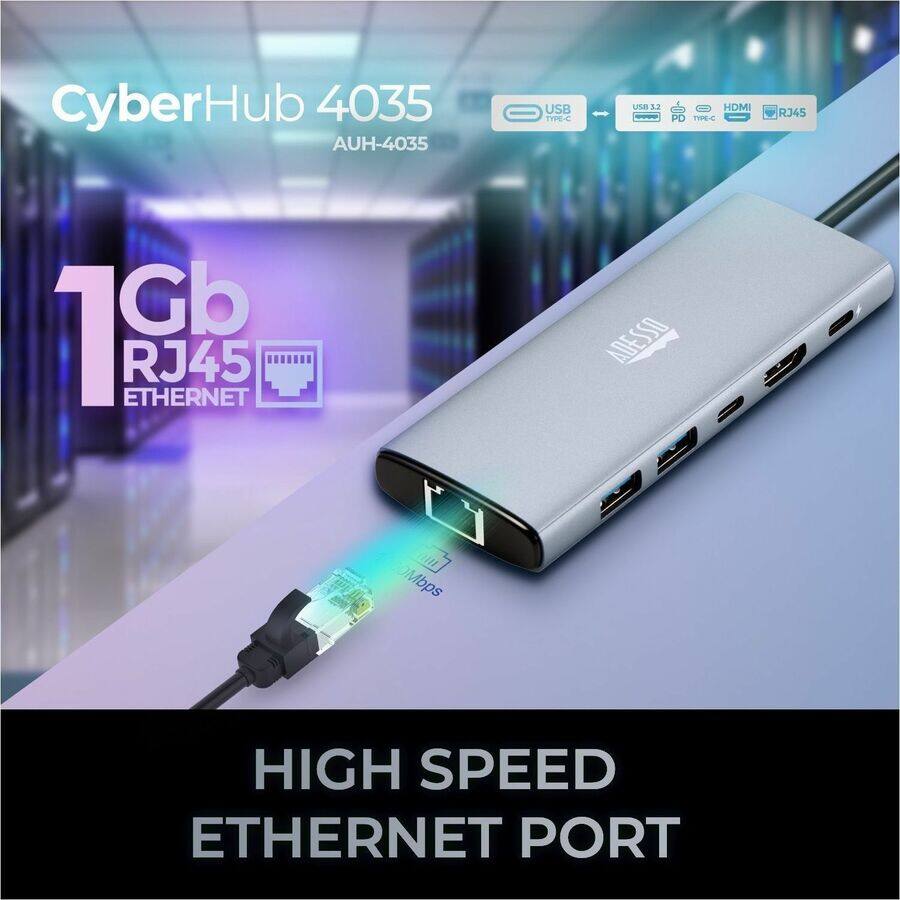 CyberHub 4035  
AUH-4035  

1Gb RJ45 Ethernet  

USB Type-C  
USB 3.2 Type-C  
HDMI  
RJ45  

High Speed Ethernet Port