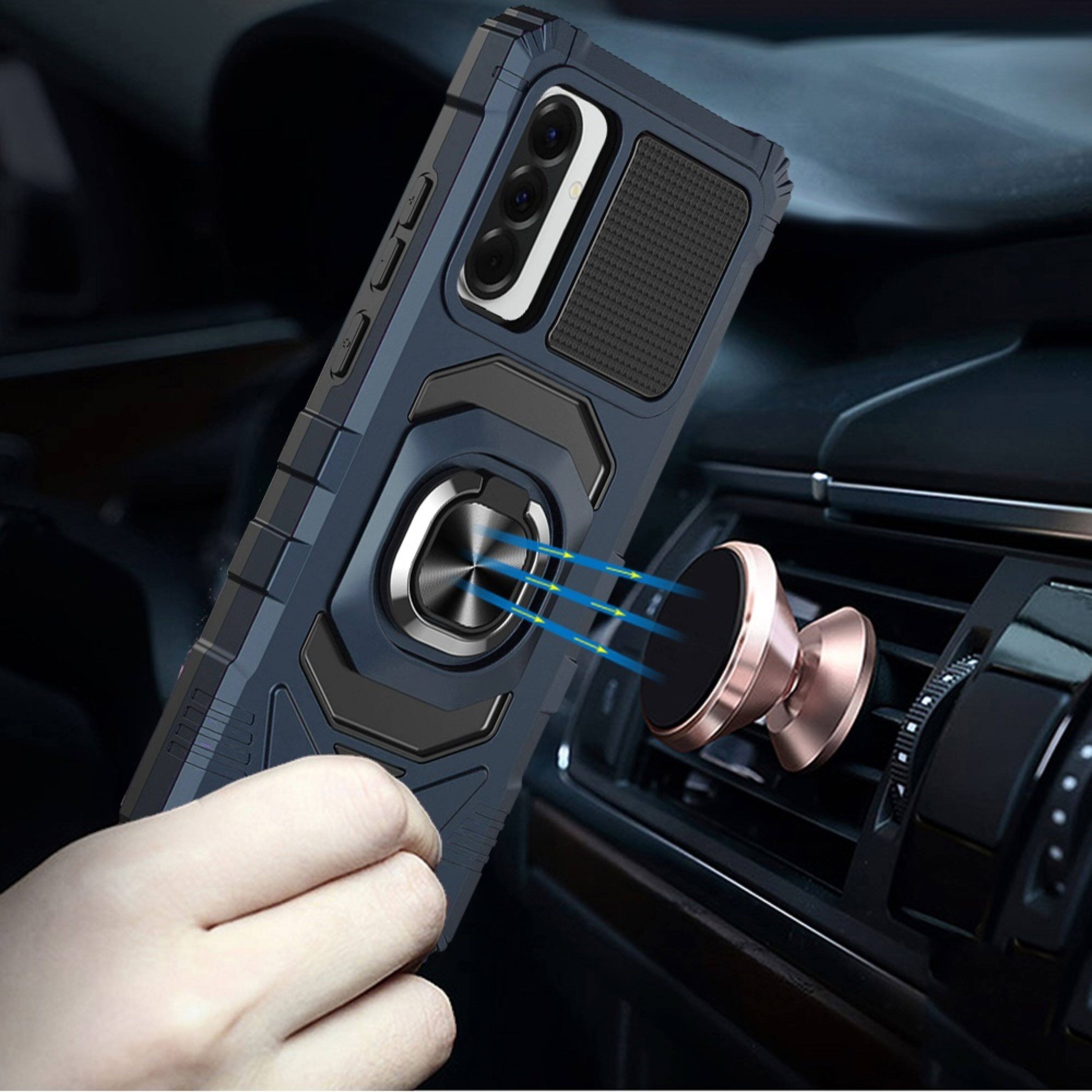 Angle. Kitcheniva - Shockproof Dual Layer Ring Stand Phone Case With Tempered Glass For Samsung Galaxy A37 5G Dark Blue - Dark Blue.