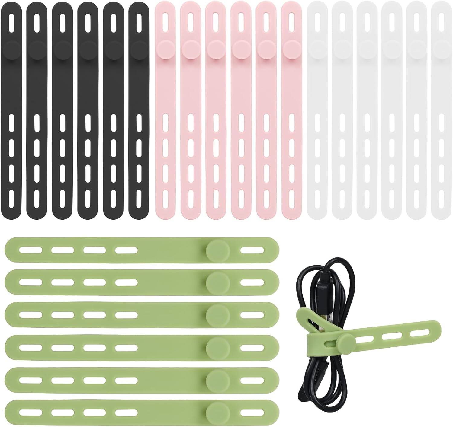 Front. THIRSTY TURTLE - 24-Pack Silicone Cable Ties – Reusable Adjustable Cord Straps, 4 Colors.