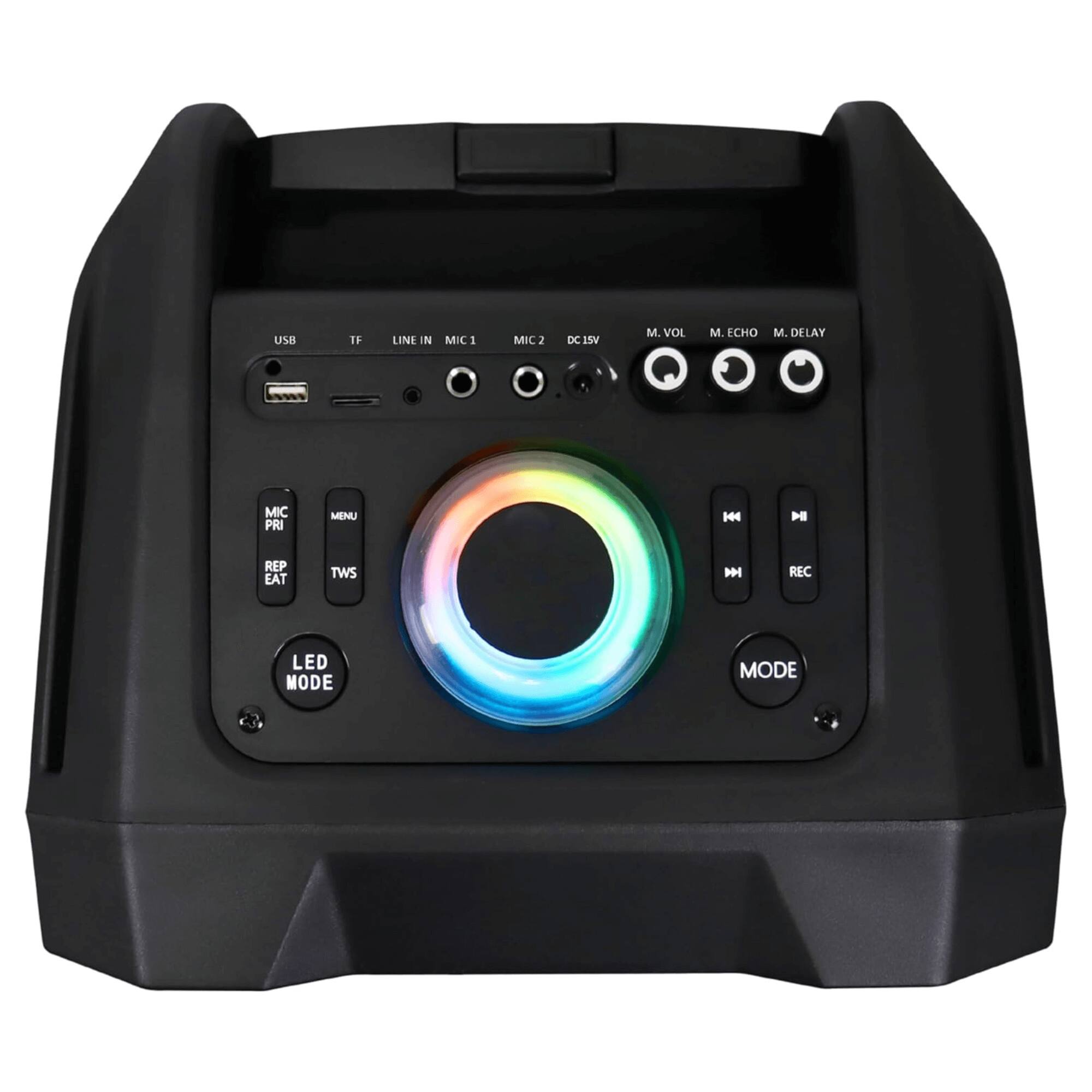 USB TF LINE IN MIC 1 MIC 2 DC 15V M. VOL M. ECHO M. DELAY MIC PRI MENU H REP EAT TWS D REC LED MODE