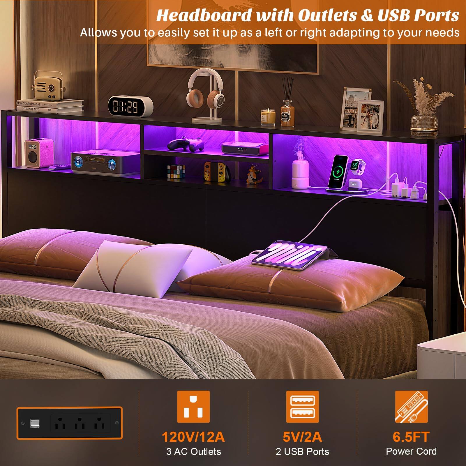 Headboard with Outlets & USB Ports  
Allows you to easily set it up as a left or right adapting to your needs  

- 120V/12A  
- 3 AC Outlets  
- 5V/2A  
- 2 USB Ports  
- 6.5FT Power Cord