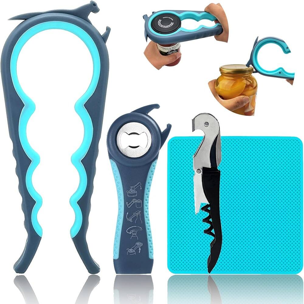 Front. PARKER SLATER - 6-in-1 Jar & Bottle Opener Set, Multi-Function, for Seniors & Arthritis - Color: Blue and Grey.