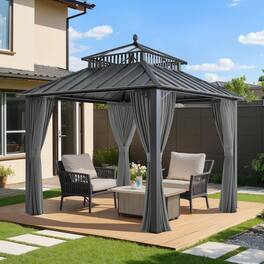 SUNJOY - Kingston 10x10 Gazebo|Steel & PC Roof Hardtop Gazebo with Curtain and Netting - Aluminum Posts - Gray