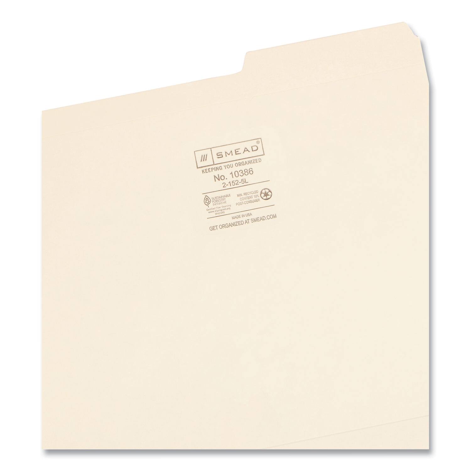 SMEAD  
KEEPING YOU ORGANIZED  
No. 10386  
2-152-5L  
MADE IN USA  
RECYCLED  
GET ORGANIZED AT SMEAD.COM  

SUSTAINABLE  
MADE IN USA