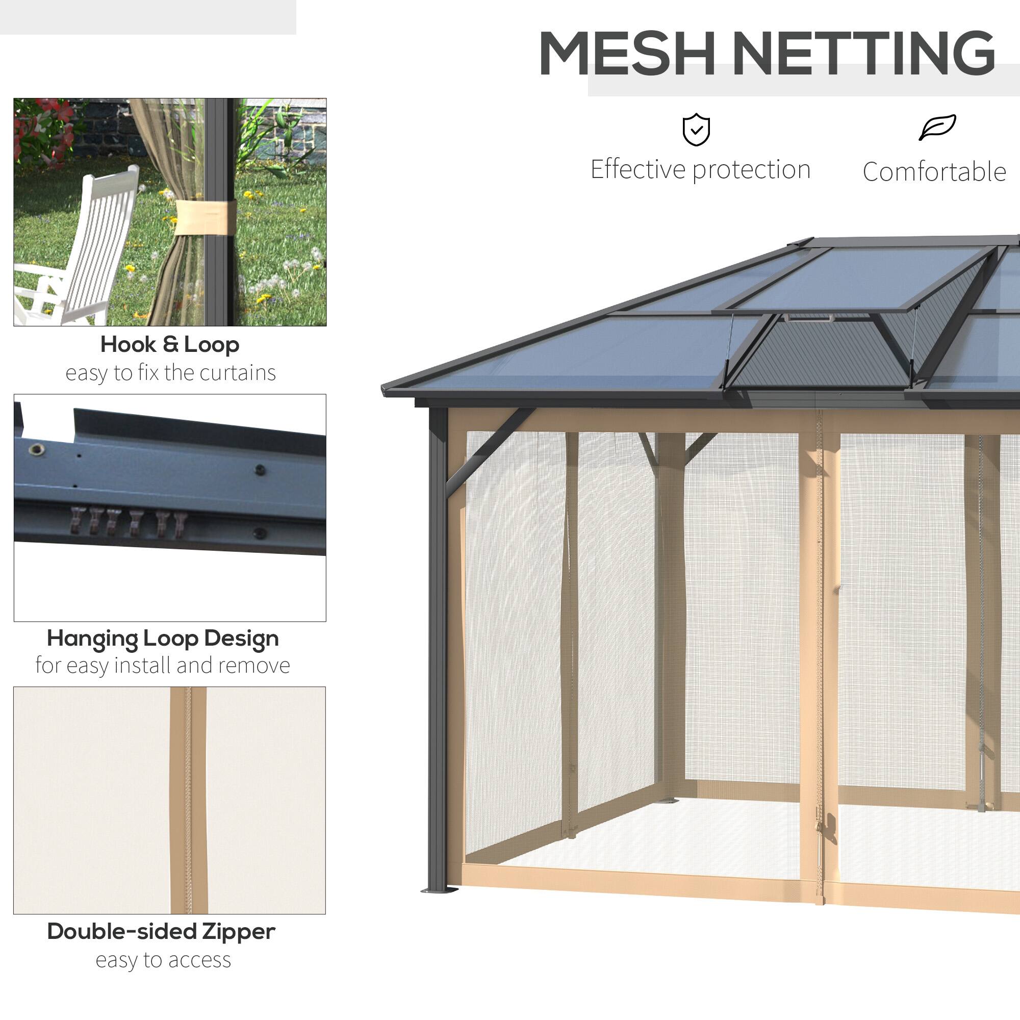 MESH NETTING  
Effective protection  
Comfortable  

Hook & Loop  
easy to fix the curtains  

Hanging Loop Design  
for easy install and remove  

Double-sided Zipper  
easy to access