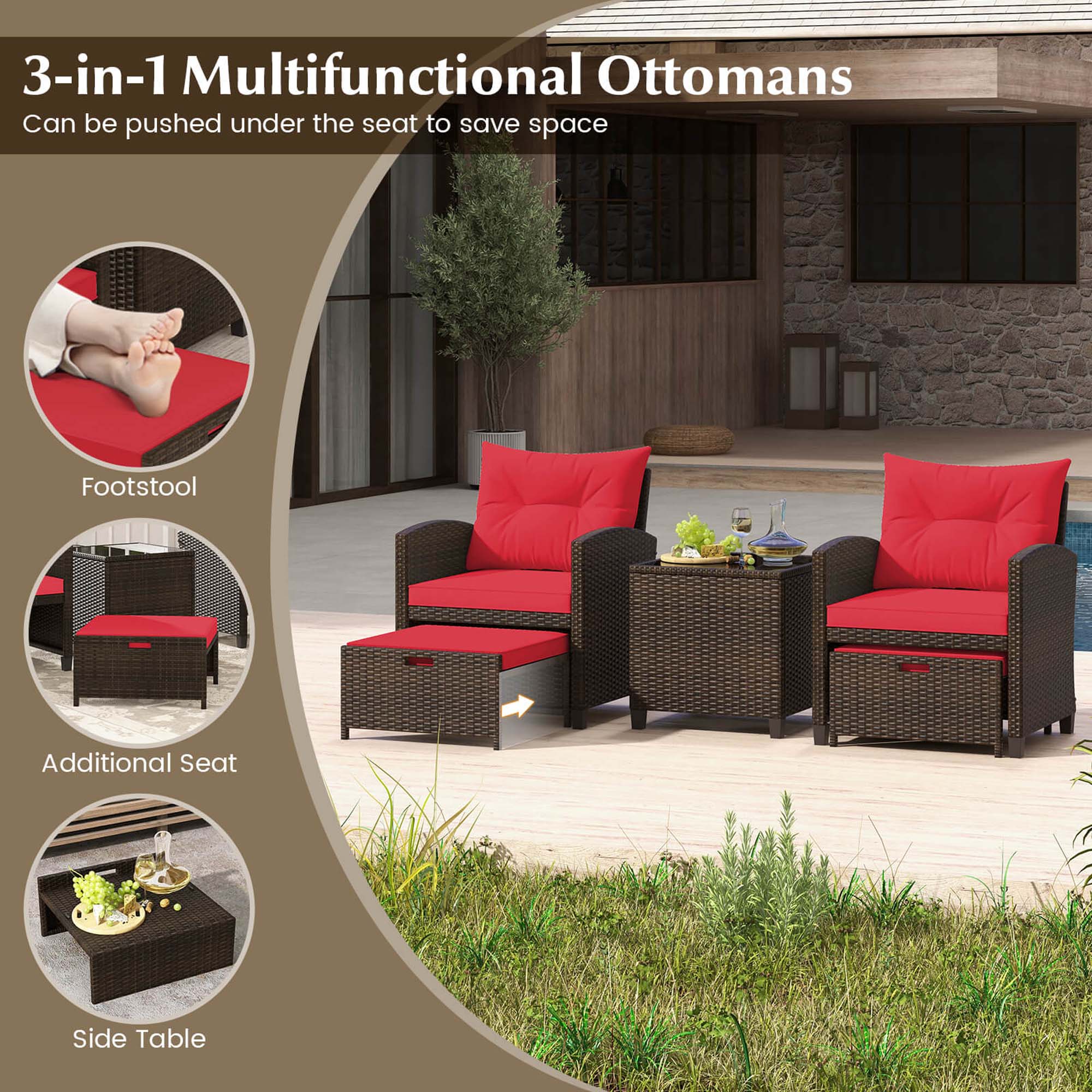 3-in-1 Multifunctional Ottomans  
Can be pushed under the seat to save space  

Footstool  
Additional Seat  
Side Table