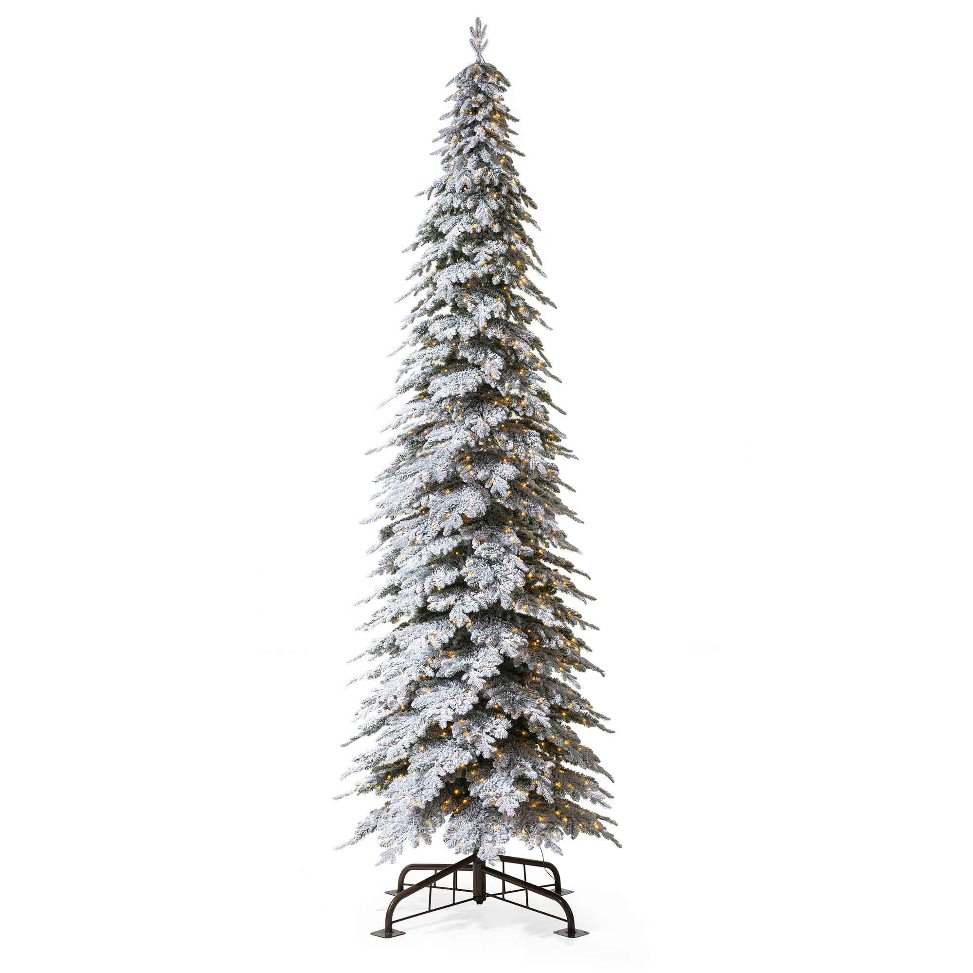 Angle. Glitzhome - 15ft Pre-Lit Flocked Pencil Spruce Artificial Christmas Tree with 1400 Warm White Lights - White.