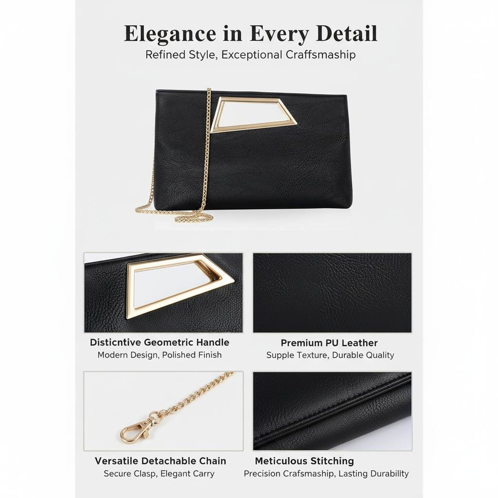 Elegance in Every Detail  
Refined Style, Exceptional Craftsmanship  

Distinctive Geometric Handle  
Modern Design, Polished Finish  

Premium PU Leather  
Supple Texture, Durable Quality  

Versatile Detachable Chain  
Secure Clasp, Elegant Carry  

Meticulous Stitching  
Precision Craftsmanship, Lasting Durability