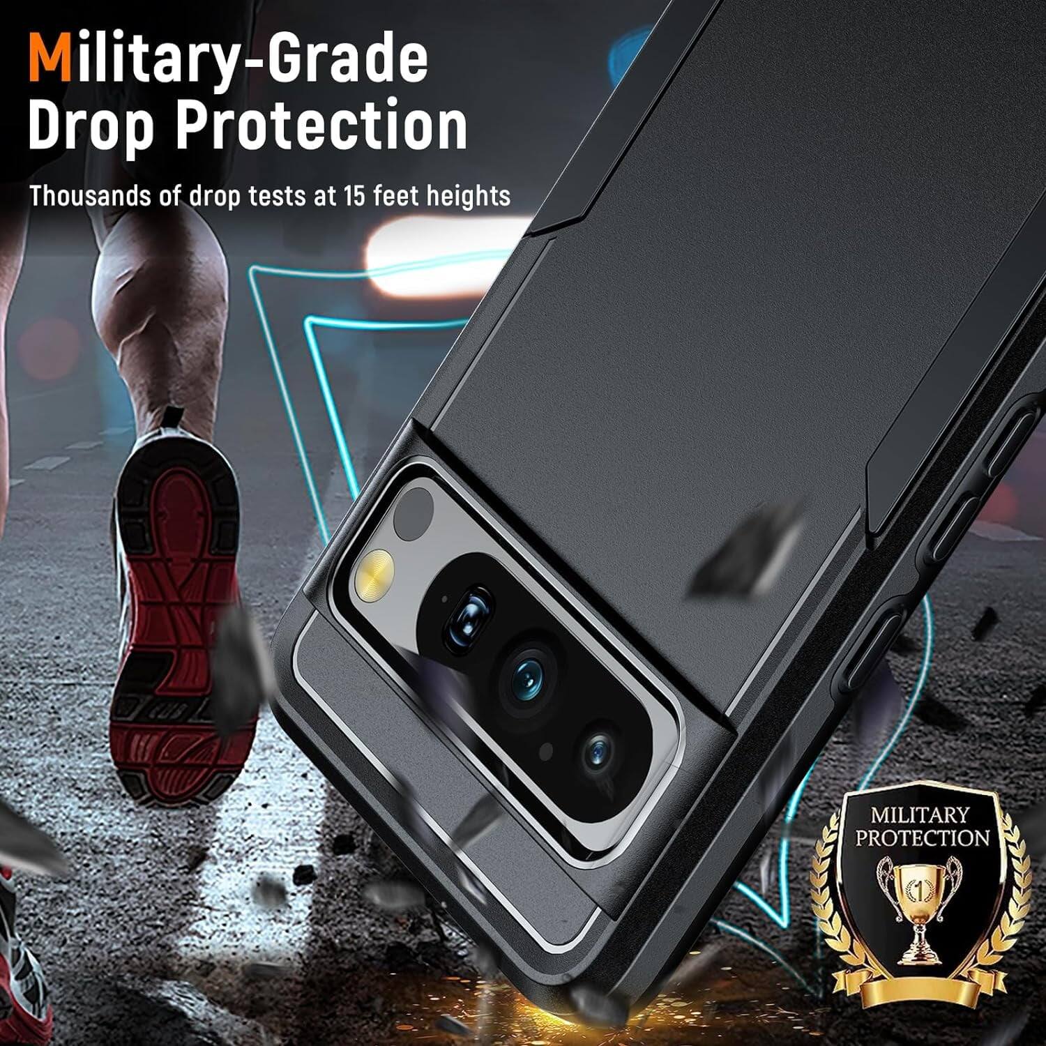 Military-Grade Drop Protection, Thousands of drop tests at 15 feet heights, MILITARY PROTECTION