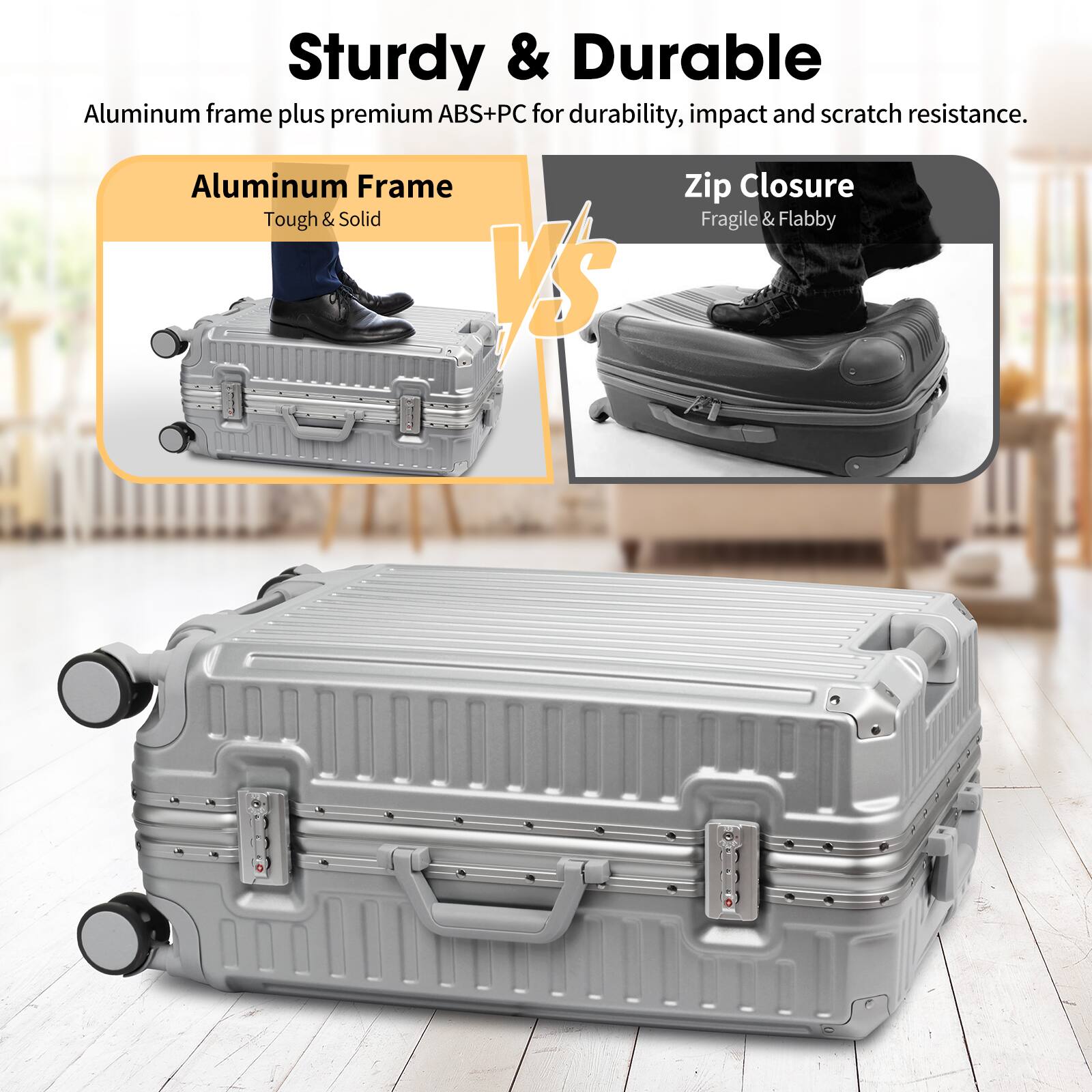 Sturdy & Durable

Aluminum frame plus premium ABS+PC for durability, impact and scratch resistance.

Aluminum Frame  
Tough & Solid

VS

Zip Closure  
Fragile & Flabby