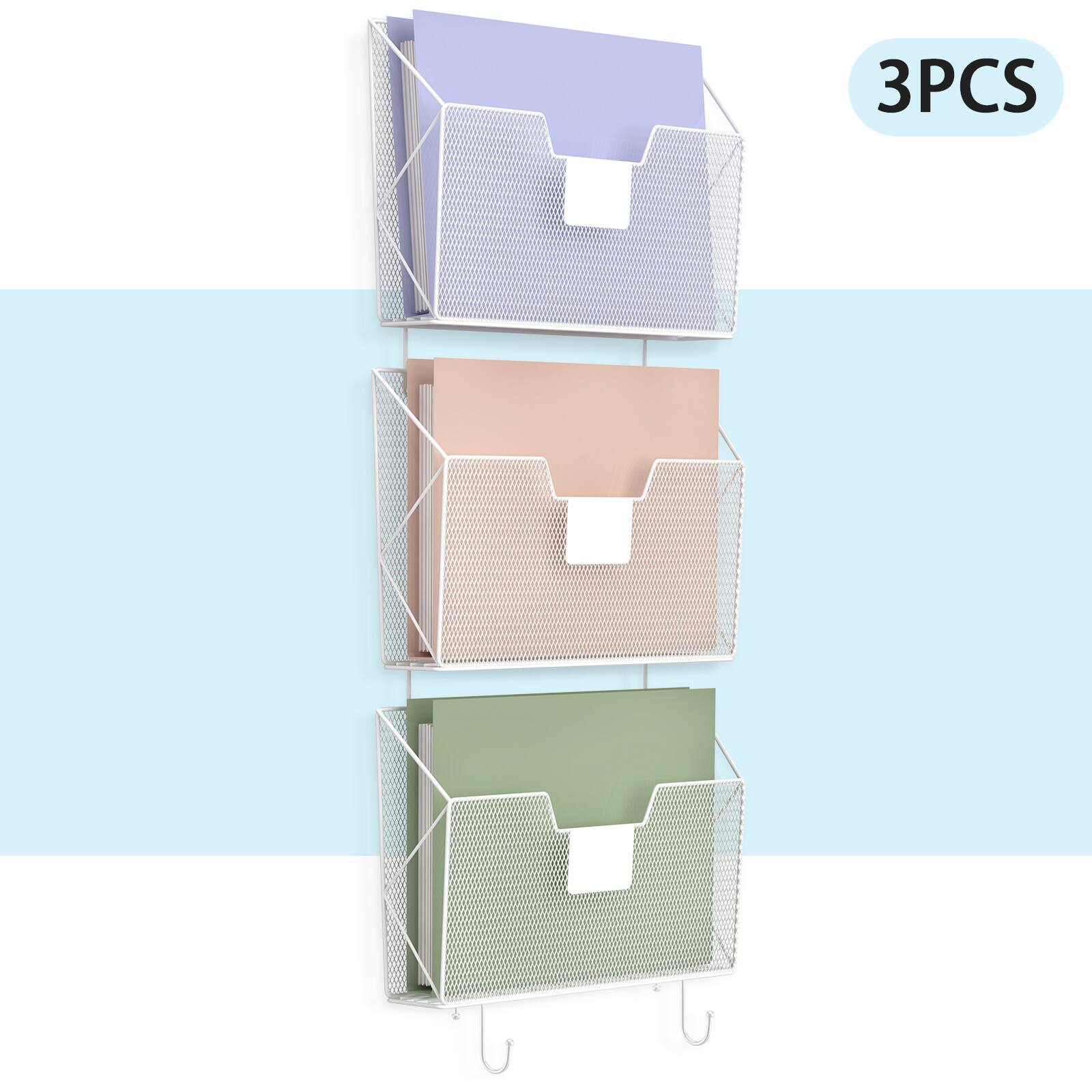 Alt View 2. Oumilen - 3-Pack White Wall-Mounted Mesh File Organizer, 13.38 in Hanging Document Holder with Label Slot & Hooks for Office.