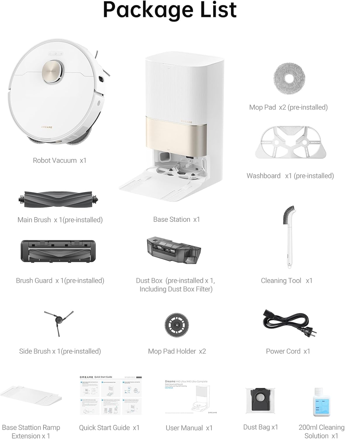 Package List

- Robot Vacuum x1
- Base Station x1
- Mop Pad x2 (pre-installed)
- Washboard x1 (pre-installed)
- Main Brush x1 (pre-installed)
- Brush Guard x1 (pre-installed)
- Dust Box (pre-installed x1, Including Dust Box Filter)
- Cleaning Tool x1
- Side Brush x1 (pre-installed)
- Mop Pad Holder x2
- Power Cord x1
- Base Station Ramp Extension x1
- Quick Start Guide x1
- User Manual x1
- Dust Bag x1
- 200ml Cleaning Solution x1