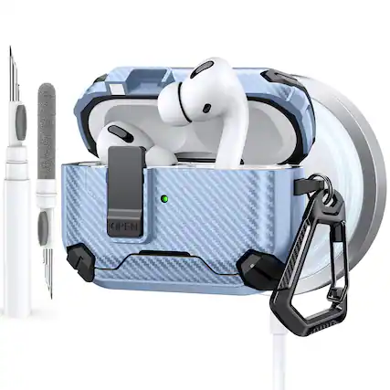 Front. Dteck - Case for Airpods Pro 3rd Gen (2025) with Magnetic Lock,Compatible with Mag Safe,Carbon Fiber Texture Cover + Carabiner - Skyblue.