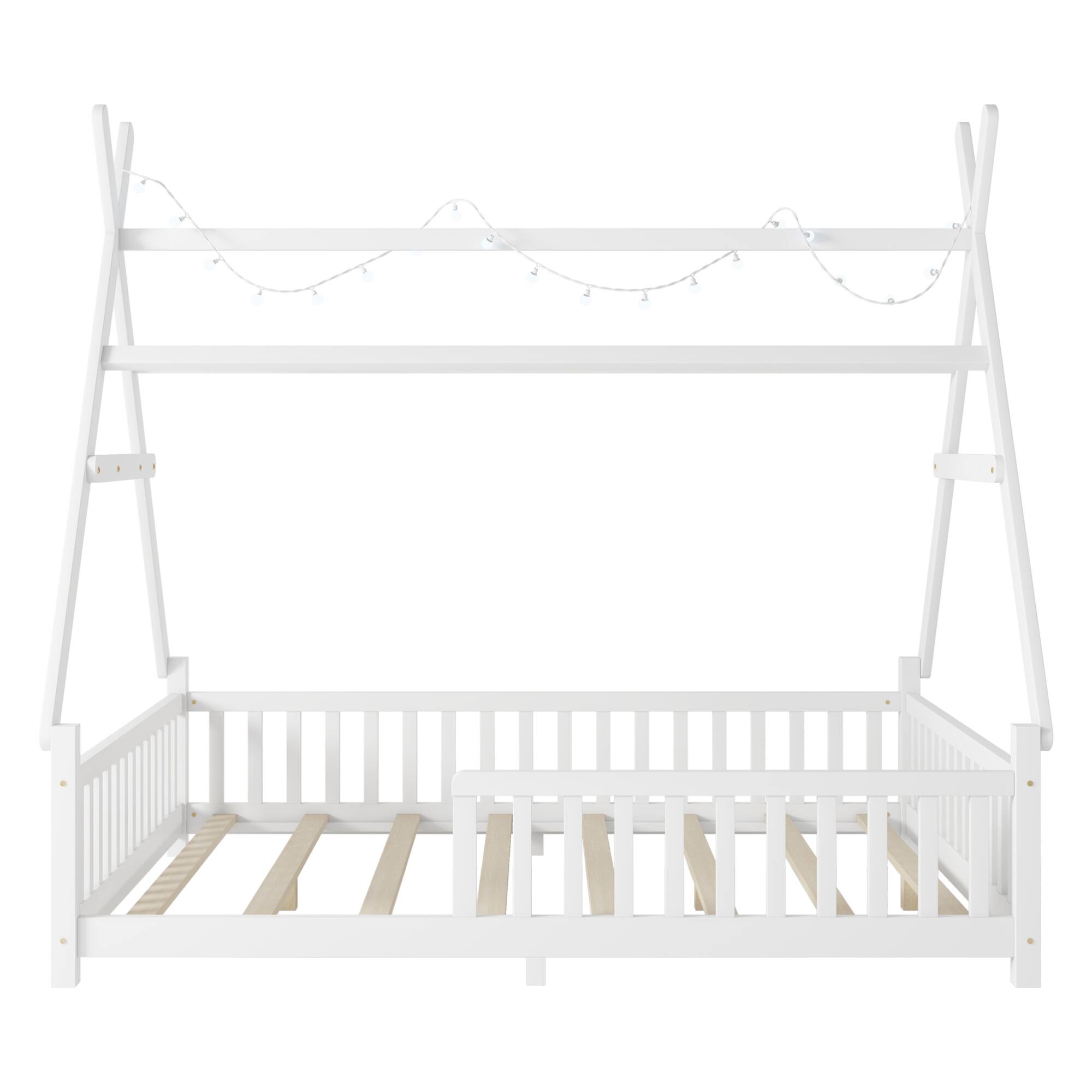 Alt View 7. GOODSILO - Full Size Low Profile House Frame Bed with Detachable Roof and LED Light Kit for Children's Bedroom - White.