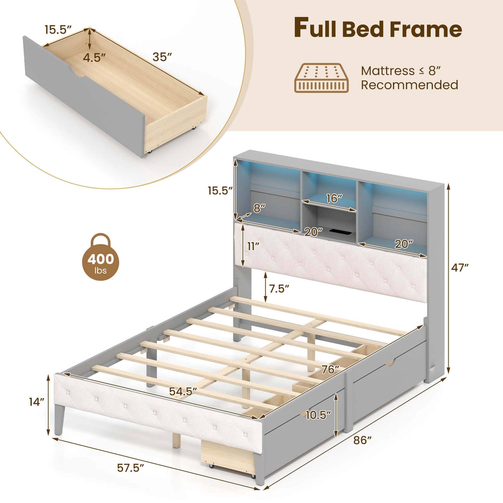 The text on the image is grouped and corrected as follows:

1. 15.5" 4.5" 35" Full Bed Frame Mattress VI 8" Recommended
2. 15.5" 8" 16" 400 lbs 11" 20" 20" 47" 7.5" 76" 14" 54.5" 10.5" 86" 57.5"

The image shows a full bed frame with a mattress and a recommended mattress size of 8". The dimensions of the bed frame are 15.5" x 86" x 57.5". The bed frame can support a weight of up to 400 lbs.