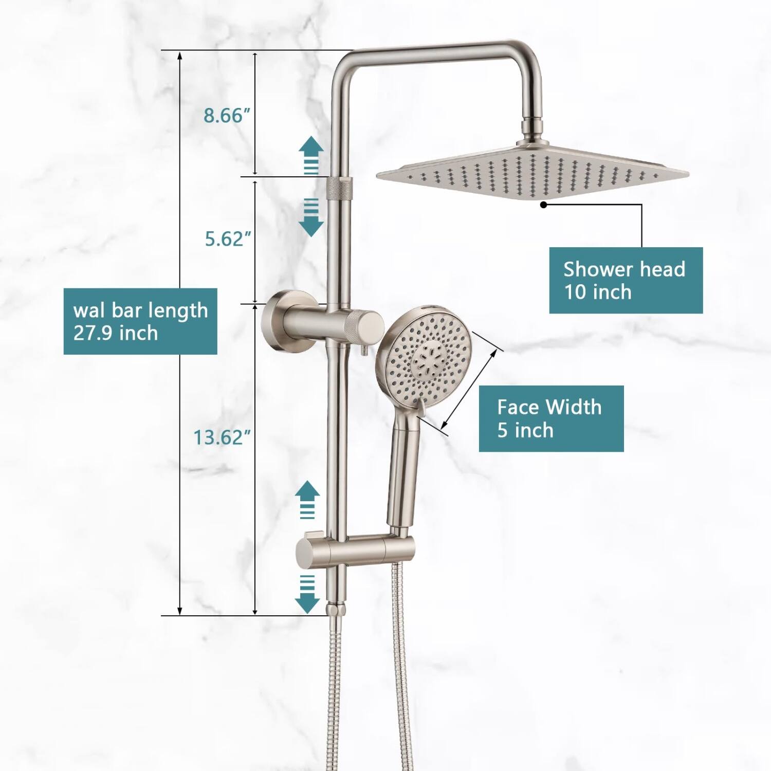 8.66"  
5.62"  
wal bar length 27.9 inch  
Shower head 10 inch  
13.62"  
Face Width 5 inch