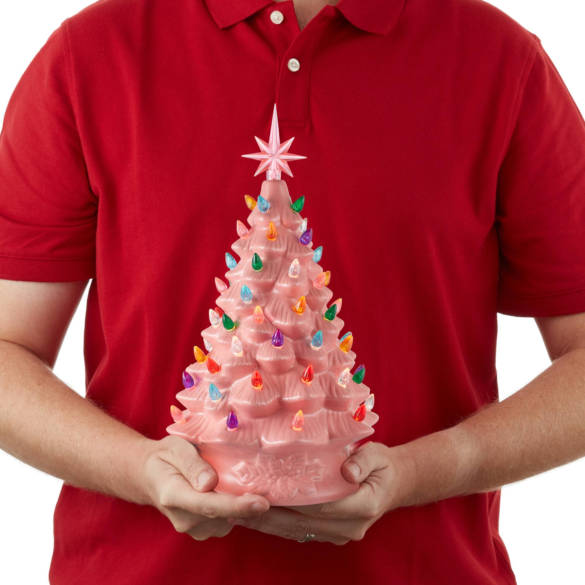 Alt View 3. Casafield - 15-in Hand Painted Ceramic Christmas Tree - Pre-Lit Tree with Star - Pink.
