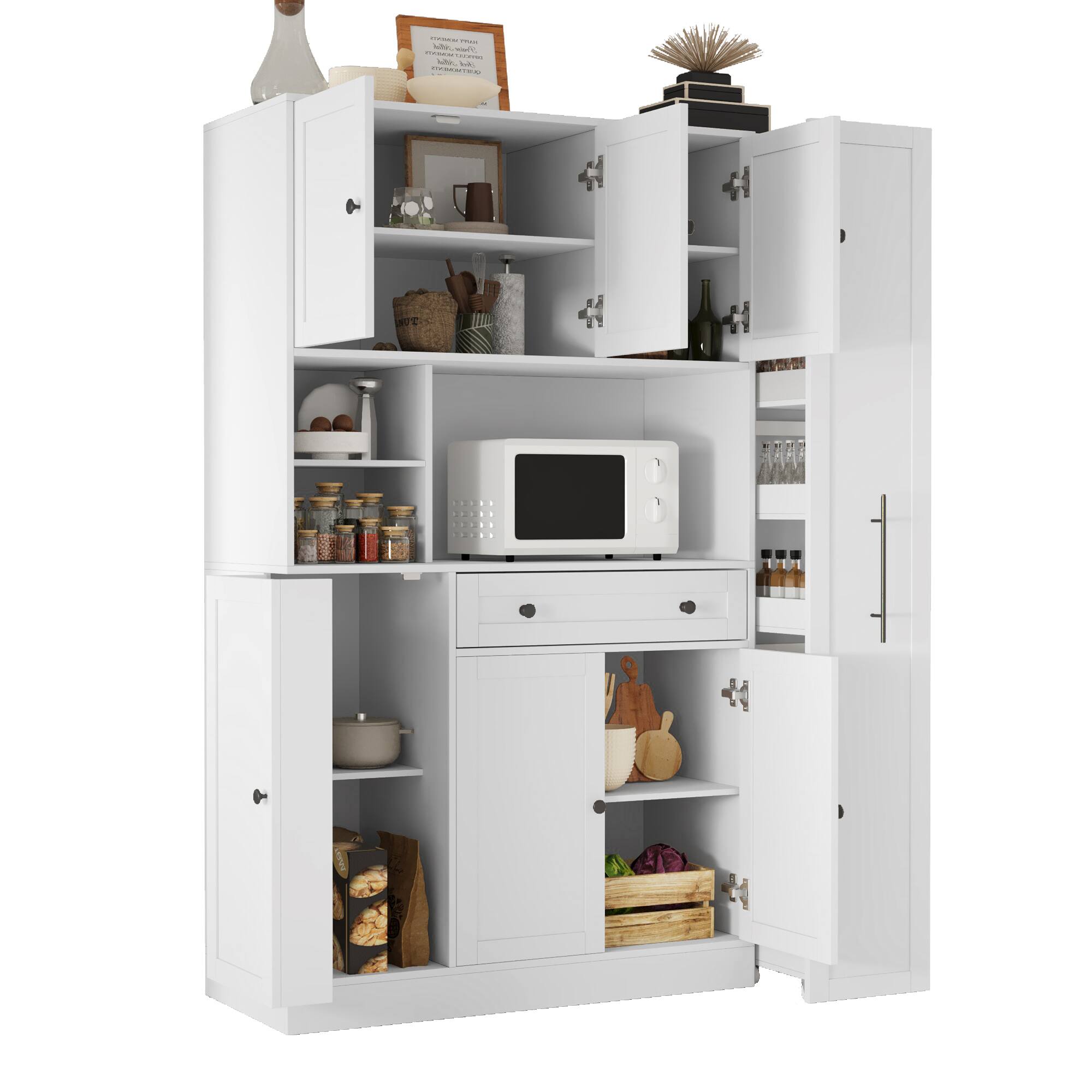 Alt View 9. Forest'nSky - 70" Tall Buffet with Hutch, Large Kitchen Pantry with Pull-Out Side Cabinet & Door Shelves, White - White.