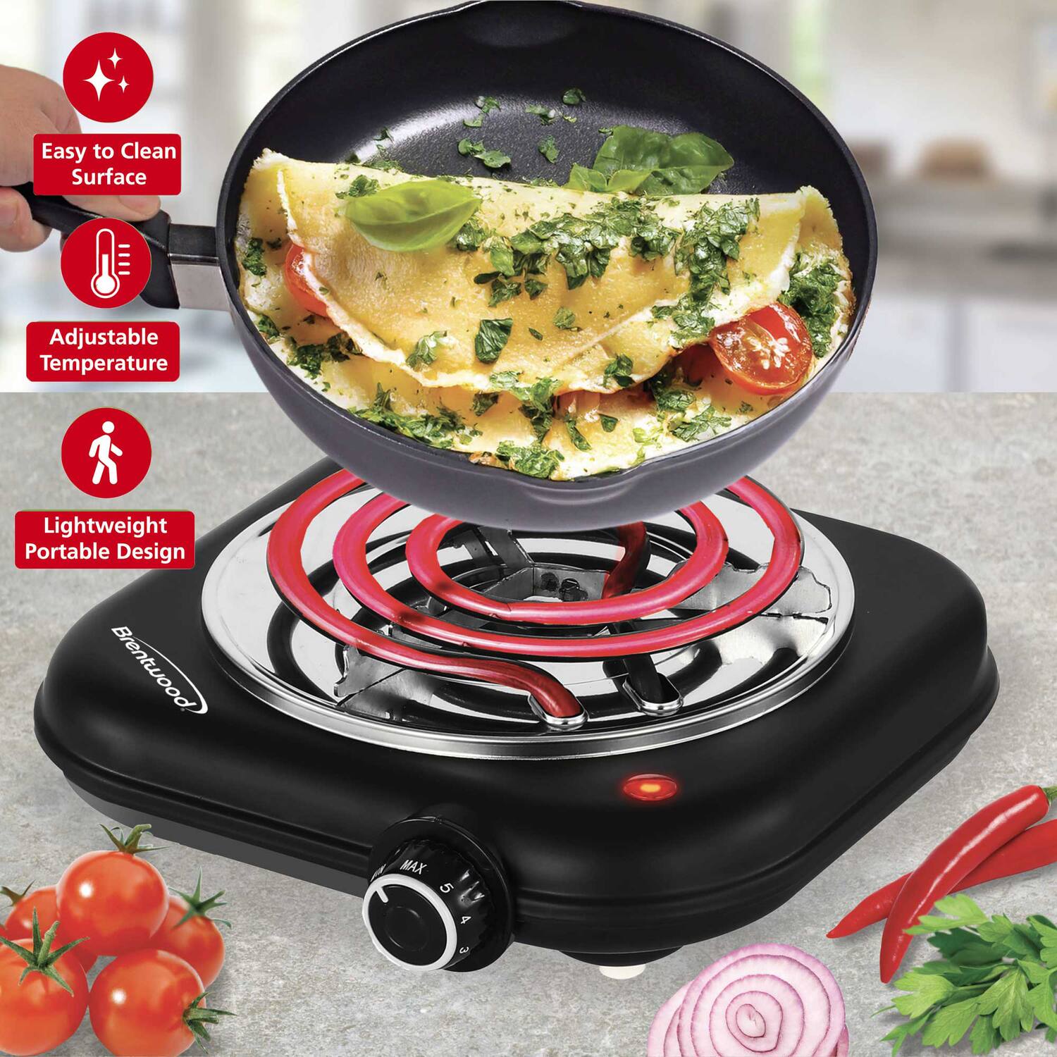 Easy to Clean Surface  
Adjustable Temperature  
Lightweight Portable Design  
Brentwood
