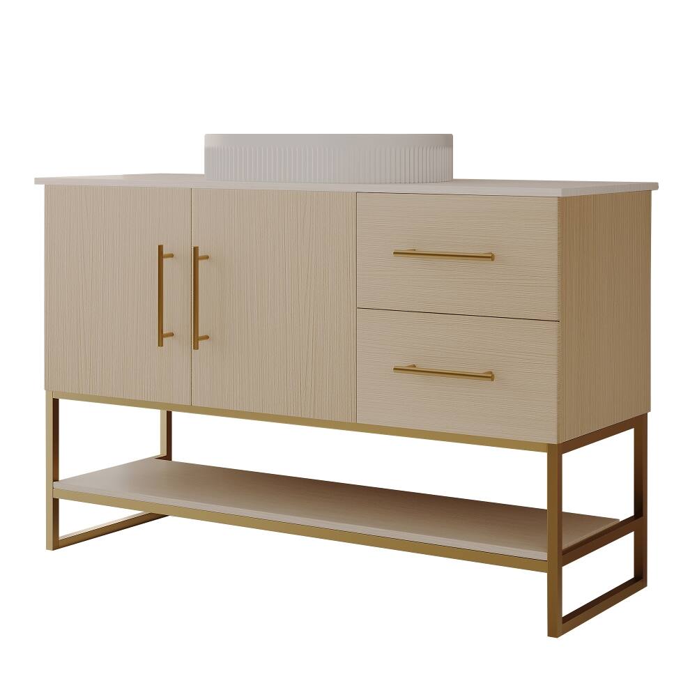 Alt View 4. Loheer - Loheer 36 inch modern bathroom vanity with ceramic vessel sink and gold accent freestanding cabinet - American White Oak.