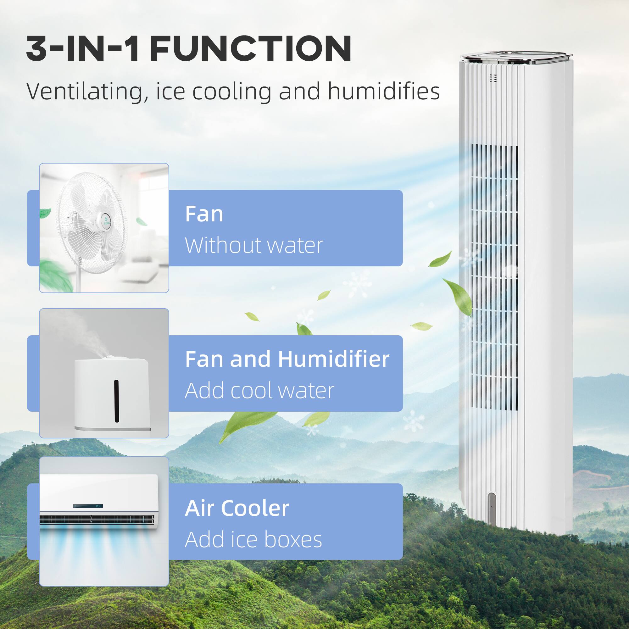 3-IN-1 FUNCTION  
Ventilating, ice cooling and humidifies  

Fan  
Without water  

Fan and Humidifier  
Add cool water  

Air Cooler  
Add ice boxes