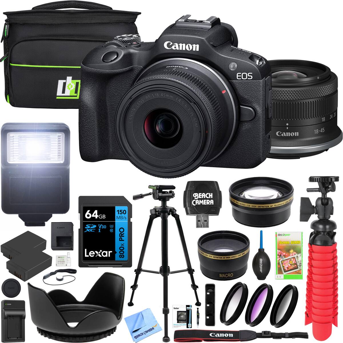 Canon EOS 18-45mm Lens  
Canon X 18-45  
64GB 150 MB/s V30 Lexar 800x  
Beach Camera  
Screen Guard  
Macro Filter  
Tripod  
Memory Card Case  
Camera Bag  
Canon Strap