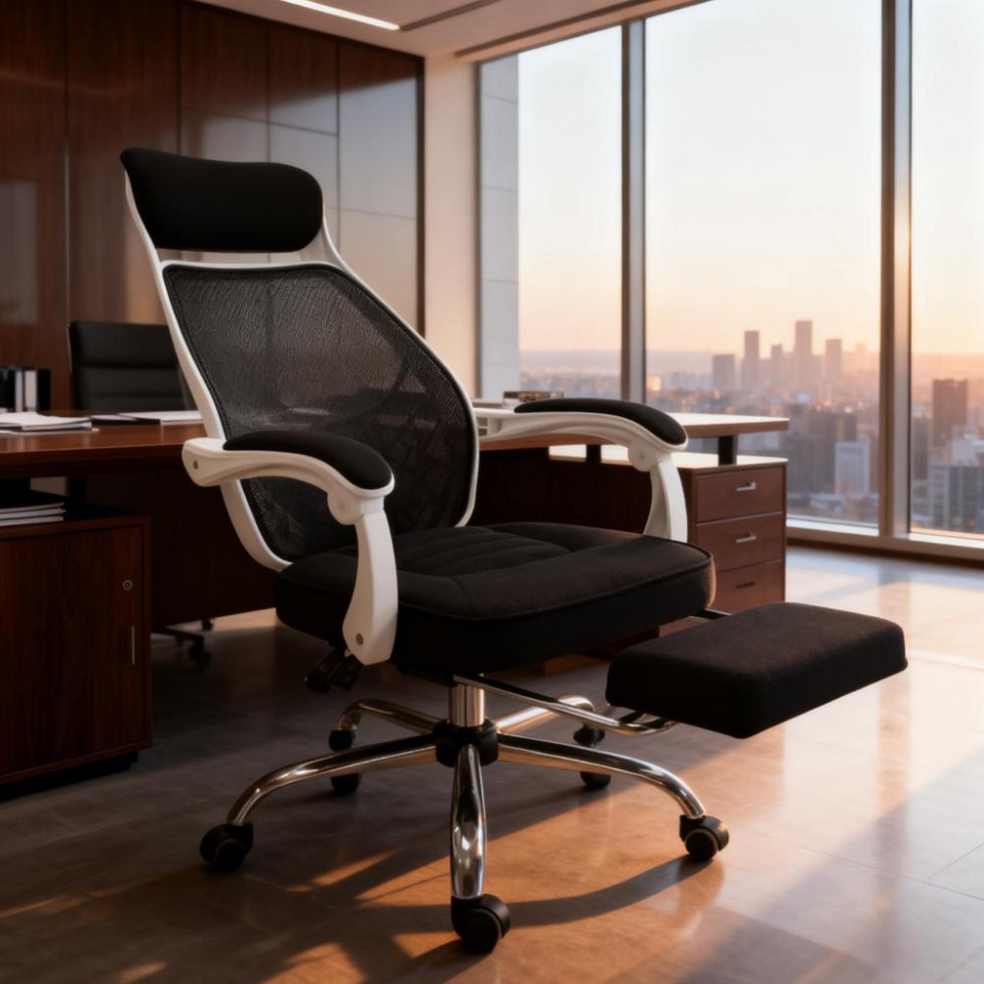 GOODSILO - Ergonomic High-Back Mesh Office Chair with Adjustable Lumbar Support and Retractable Footrest - Black+White