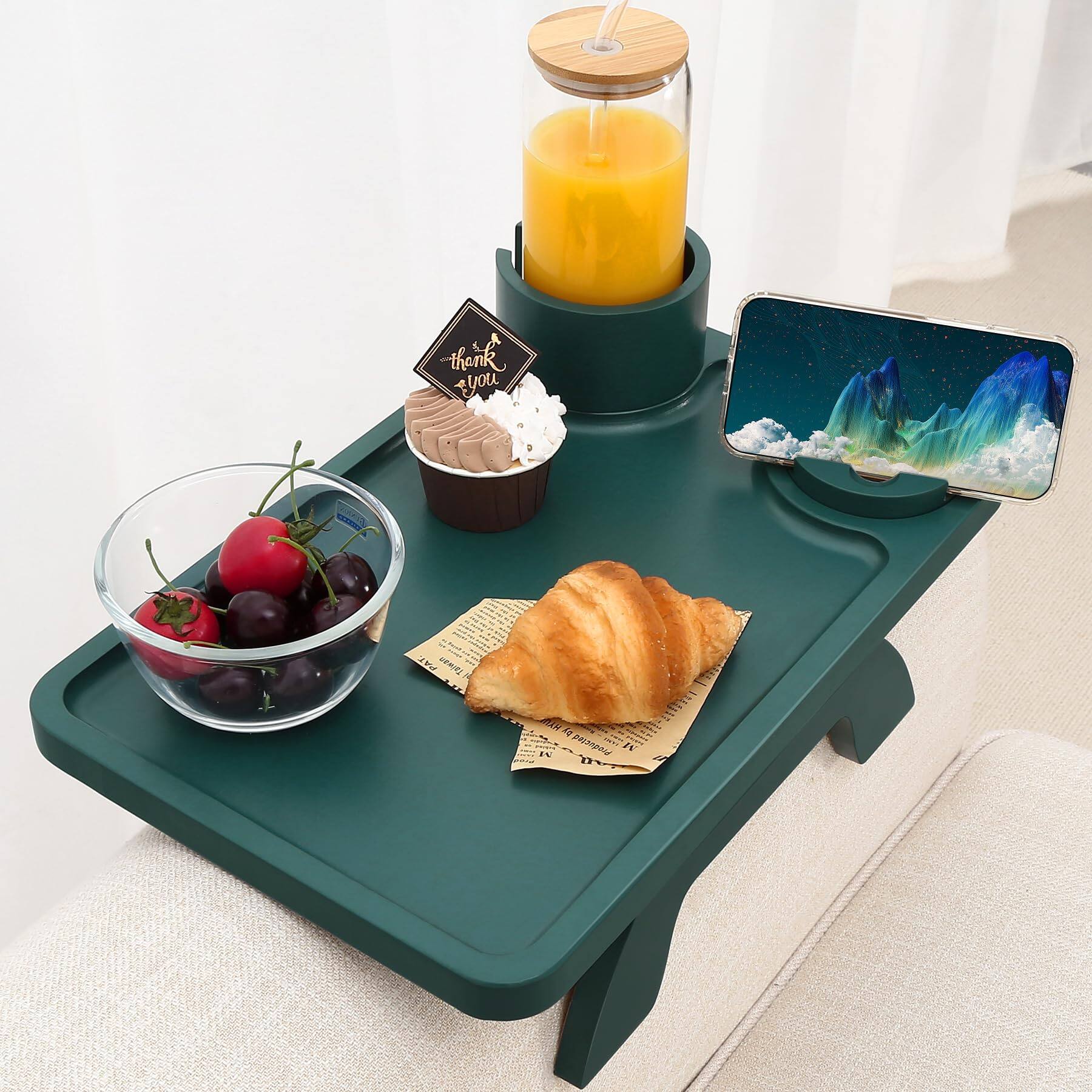 JETRANSPORT - Couch Cup Holder Tray 3 In 1 Large 15.36"x9.85" Wood Sofa Arm Clip On Table With 360°rotated Phone Armrest - Dark Green
