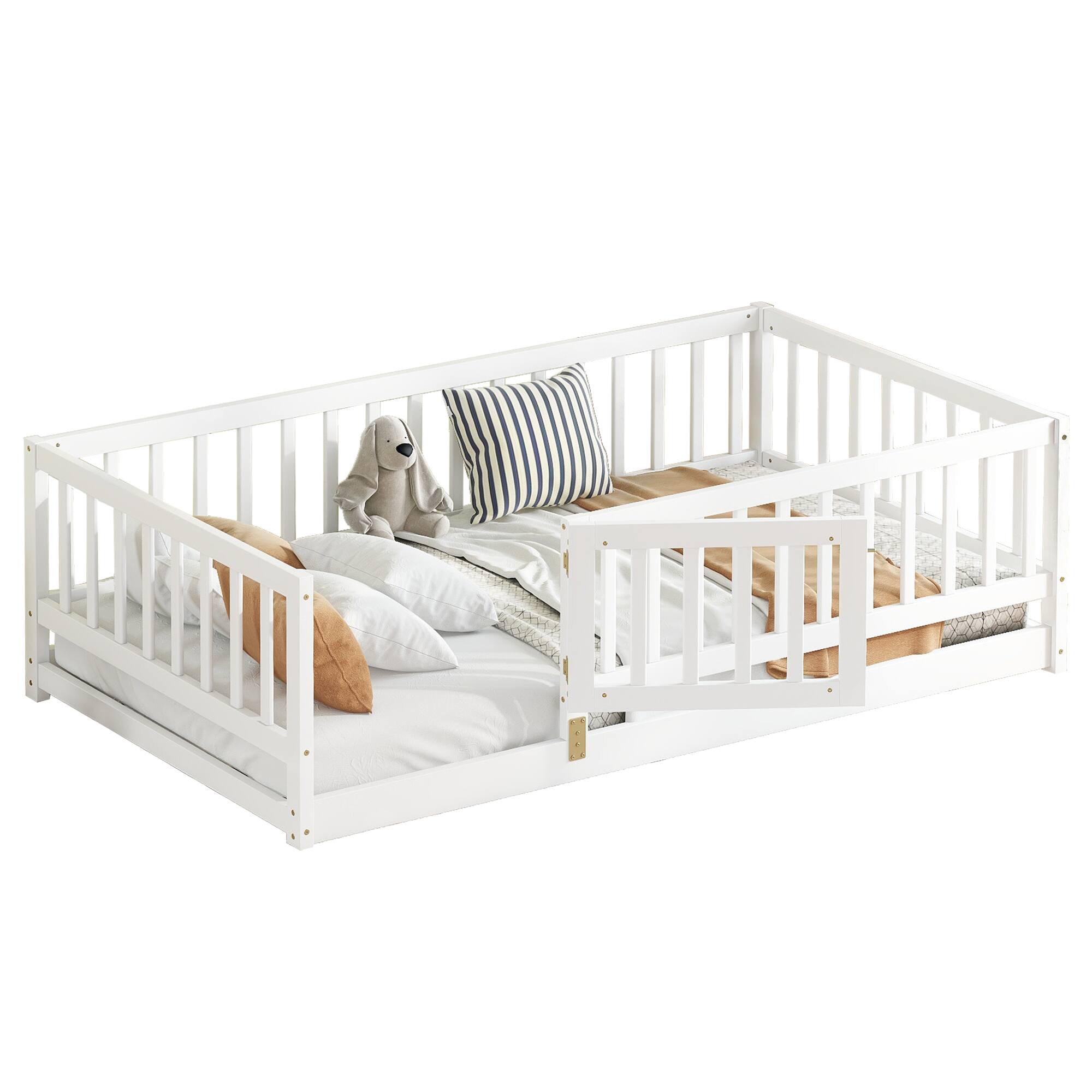 Back. GOODSILO - Twin Size Montessori Floor Bed with Fence and Door, Wood Bed Frame for Kids, Boys & Girls - White.