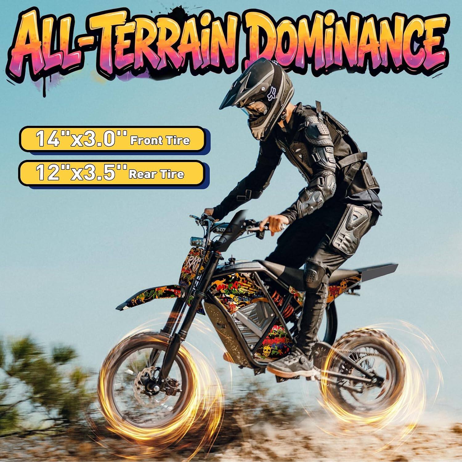 ALL-TERRAIN DOMINANCE

14" x 3.0" Front Tire
12" x 3.5" Rear Tire