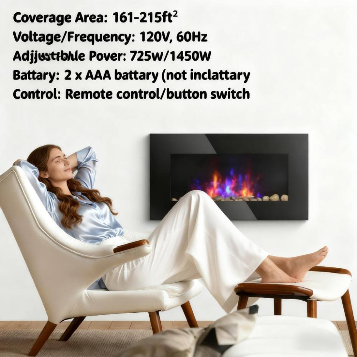 Coverage Area: 161-215ft²  
Voltage/Frequency: 120V, 60Hz  
Adjustable Power: 725W/1450W  
Battery: 2 x AAA battery (not included)  
Control: Remote control/button switch