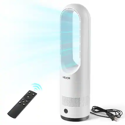 Front. VEVOR - Bladeless Tower Fan, 80° Oscillating Standing Fan, 8 Speeds & 9-Hour Timer, 15.42 ft High Velocity Floor Air Circulator - White.