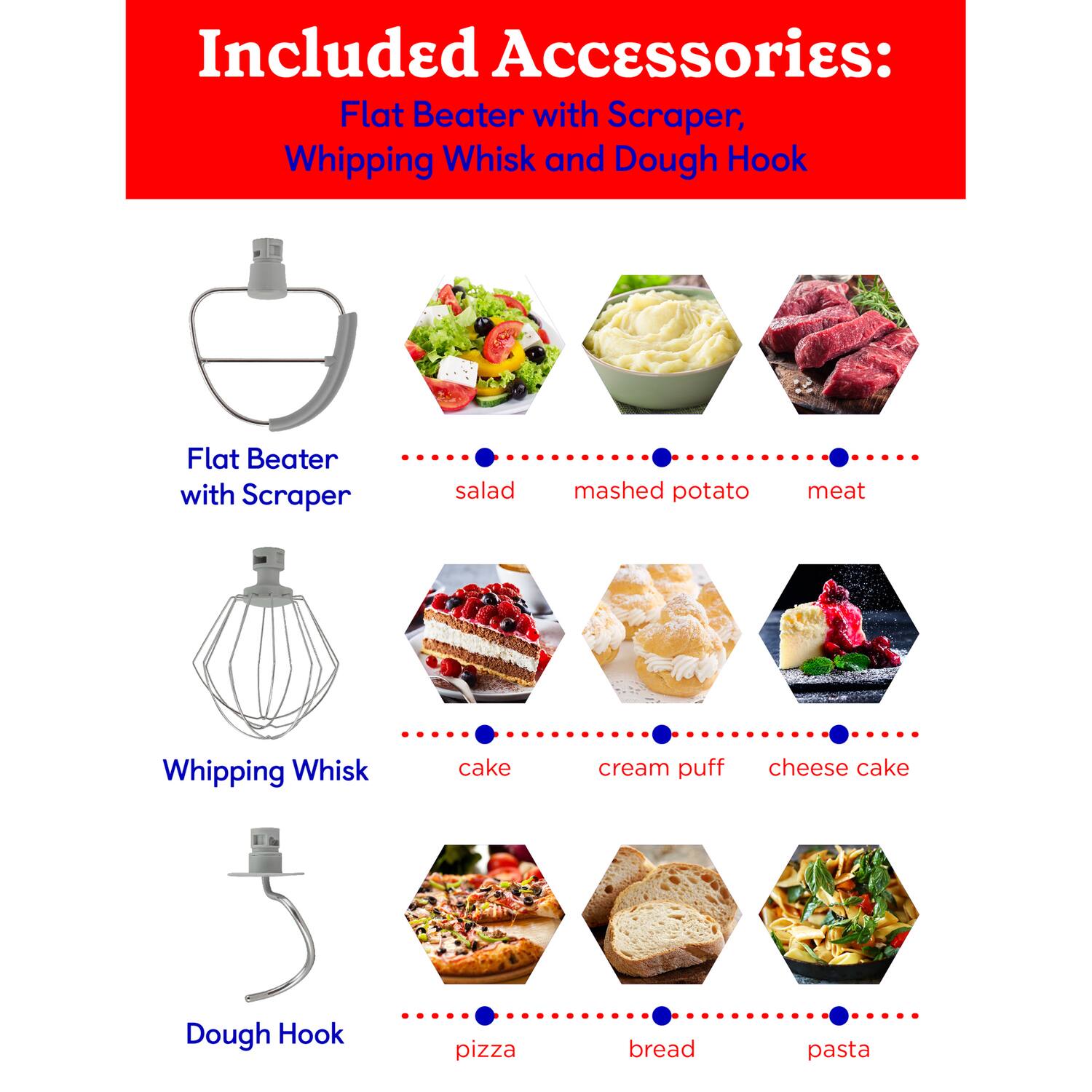 Included Accessories:  
Flat Beater with Scraper, Whipping Whisk and Dough Hook  

Flat Beater with Scraper  
- salad  
- mashed potato  
- meat  

Whipping Whisk  
- cake  
- cream puff  
- cheese cake  

Dough Hook  
- pizza  
- bread  
- pasta