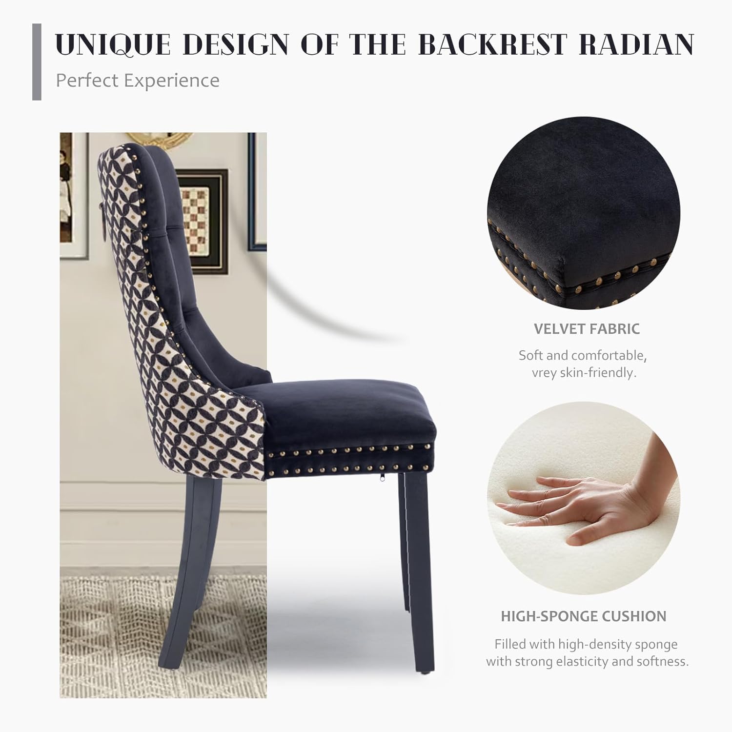 UNIQUE DESIGN OF THE BACKREST RADIANT  
Perfect Experience

VELVET FABRIC  
Soft and comfortable, very skin-friendly.

HIGH-SPONGE CUSHION  
Filled with high-density sponge with strong elasticity and softness.