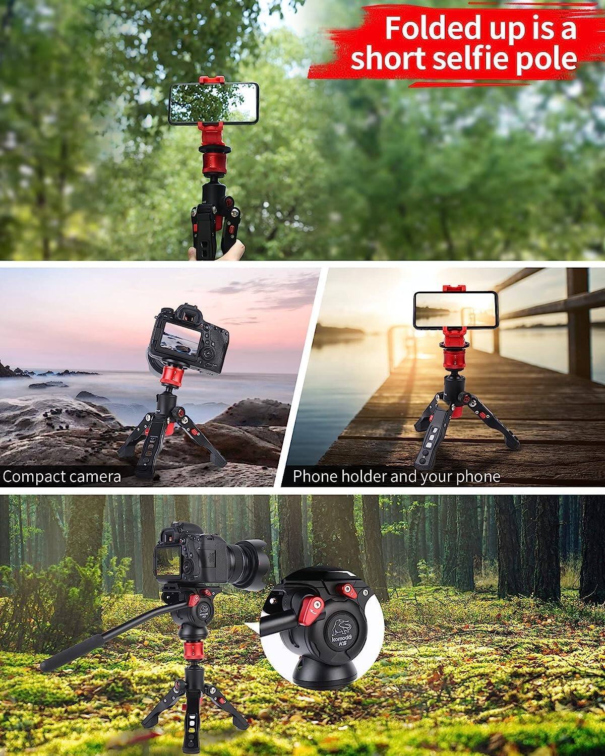 Folded up is a short selfie pole

Compact camera

Phone holder and your phone