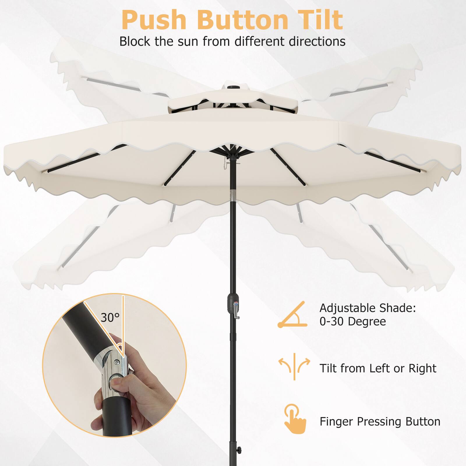 Push Button Tilt  
Block the sun from different directions  

Adjustable Shade: 0-30 Degree  
Tilt from Left or Right  
Finger Pressing Button