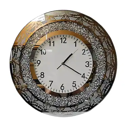 Front. FC Design - 19"H Silver & Mirrored Ornate Glitter Accent Round Wall Clock - Multicolor.