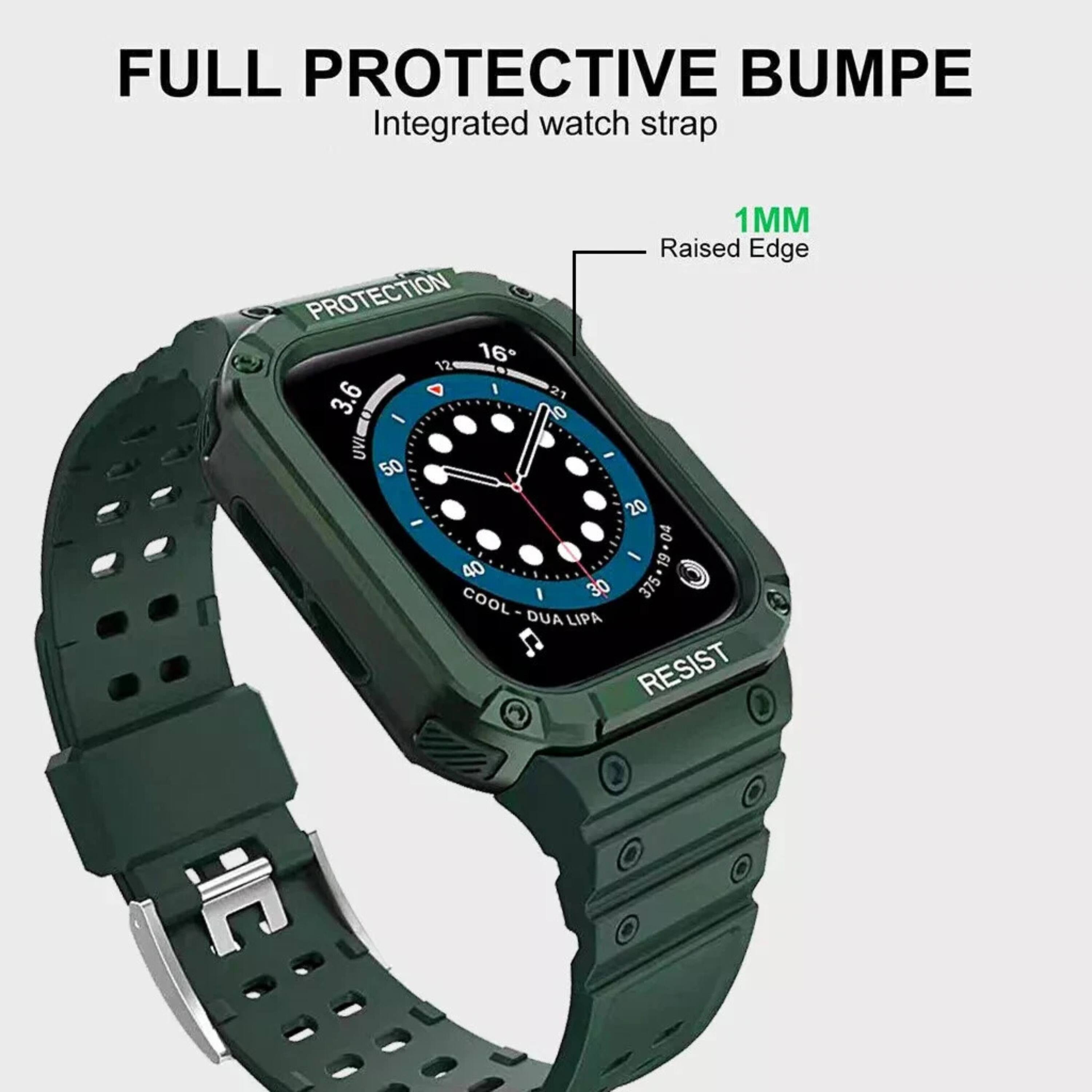 FULL PROTECTIVE BUMPE  
Integrated watch strap  

1MM Raised Edge PROTECTION  

16° 12 1 21 3.6 - $ UVI 50 20 04 - 19 19-04 40 COOL 30 375 - DUA LIPA RESIST