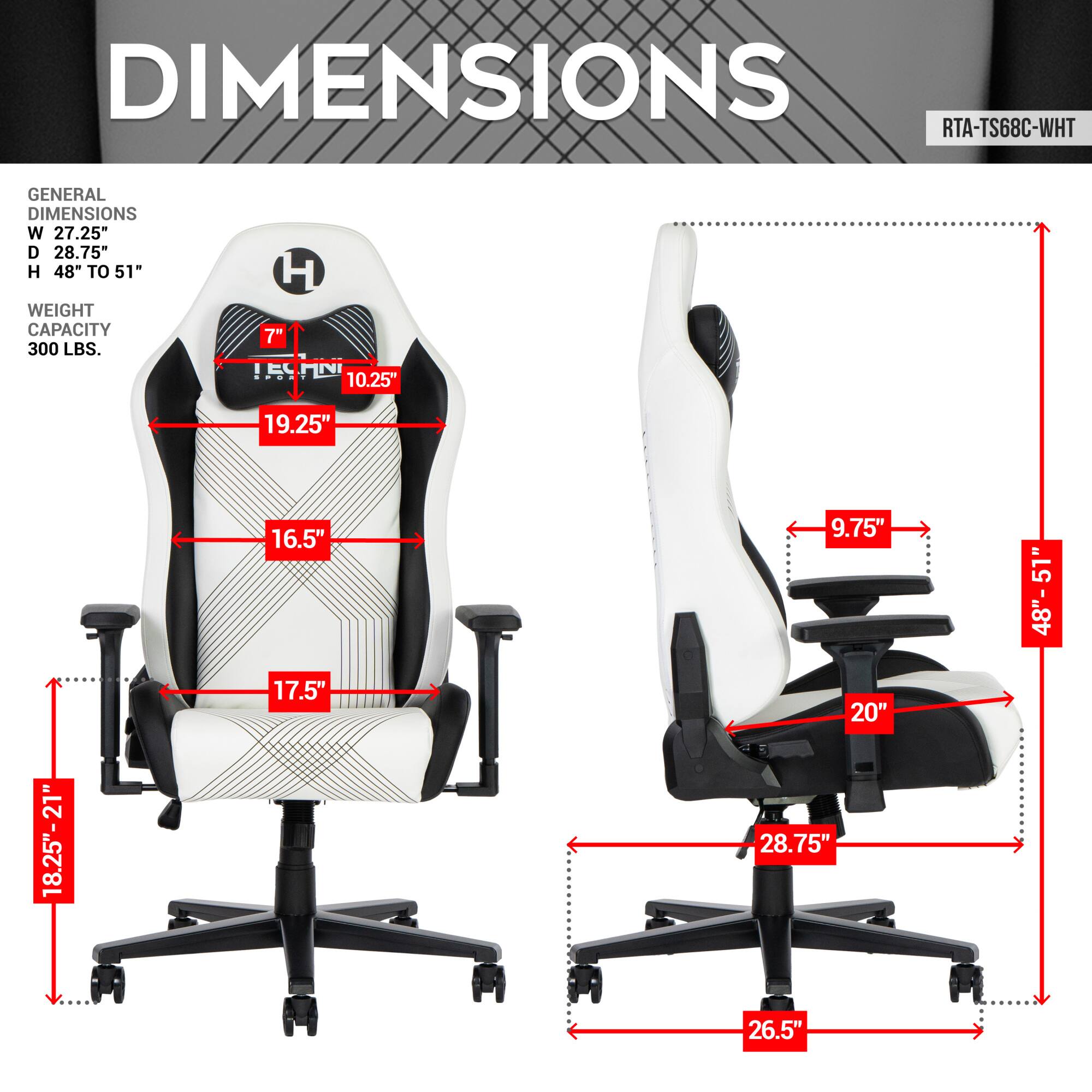 **DIMENSIONS**

**GENERAL DIMENSIONS**  
W 27.25"  
D 28.75"  
H 48" TO 51"  

**WEIGHT CAPACITY**  
300 LBS.

**DETAILS**  
- H 7"  
- 10.25"  
- 19.25"  
- 16.5"  
- 17.5"  
- 9.75"  
- 20"  
- 28.75"  
- 48" TO 51"  
- 26.5"